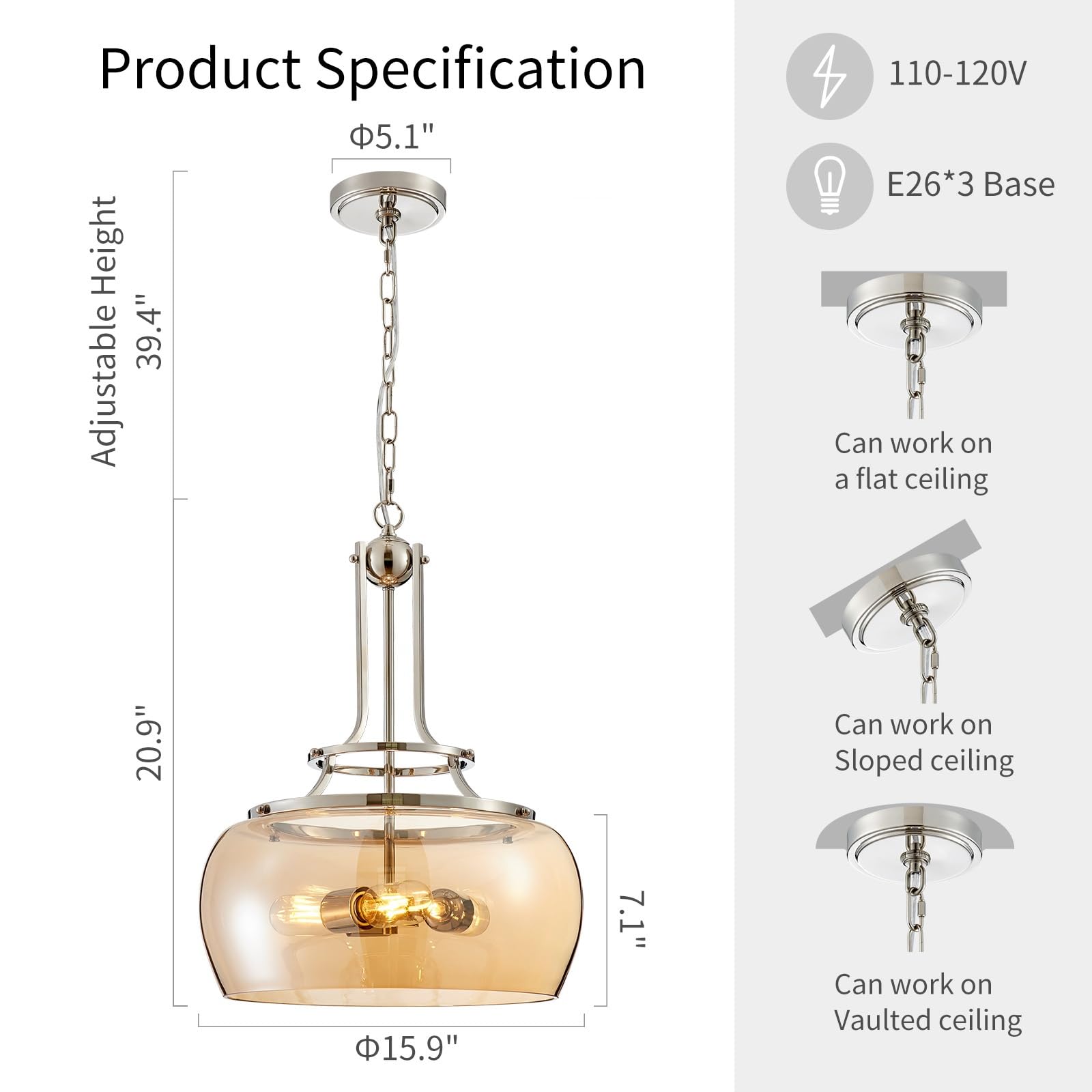 WUZUPS Nickel Chandelier LED Light Fixture, 3-Light Amber Glass Shade, H 20.9in W 15.9in, Rustic Farmhouse Industrial, Model USHD30308AR