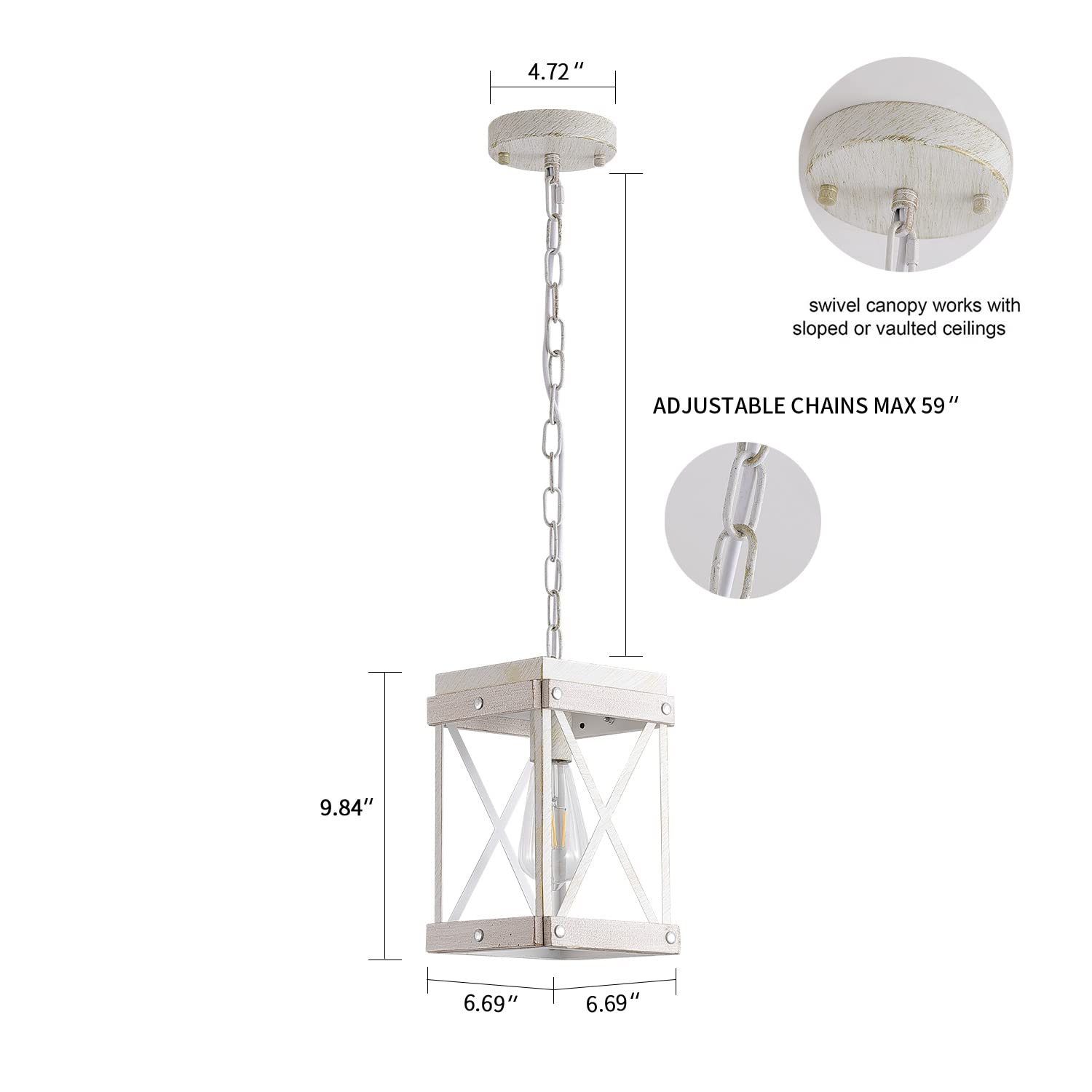 Fivess Lighting Mini Pendant Light, Distressed Wood & Metal Cage, One-Light Adjustable Chains, Model 6974443060324