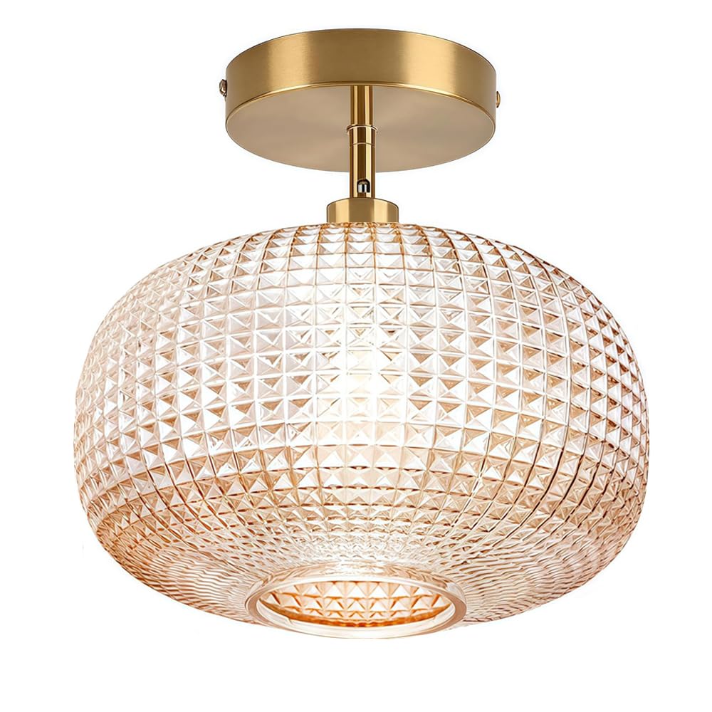 Jolydoly Semi Flush Mount Ceiling Light Vintage Small Ceiling Light Fixture Hallway Lighting Fixture With Amber Glass Shade Art Deco Kitchen Lighting Fixtures Ceiling For Bedroom Bathroom Porch