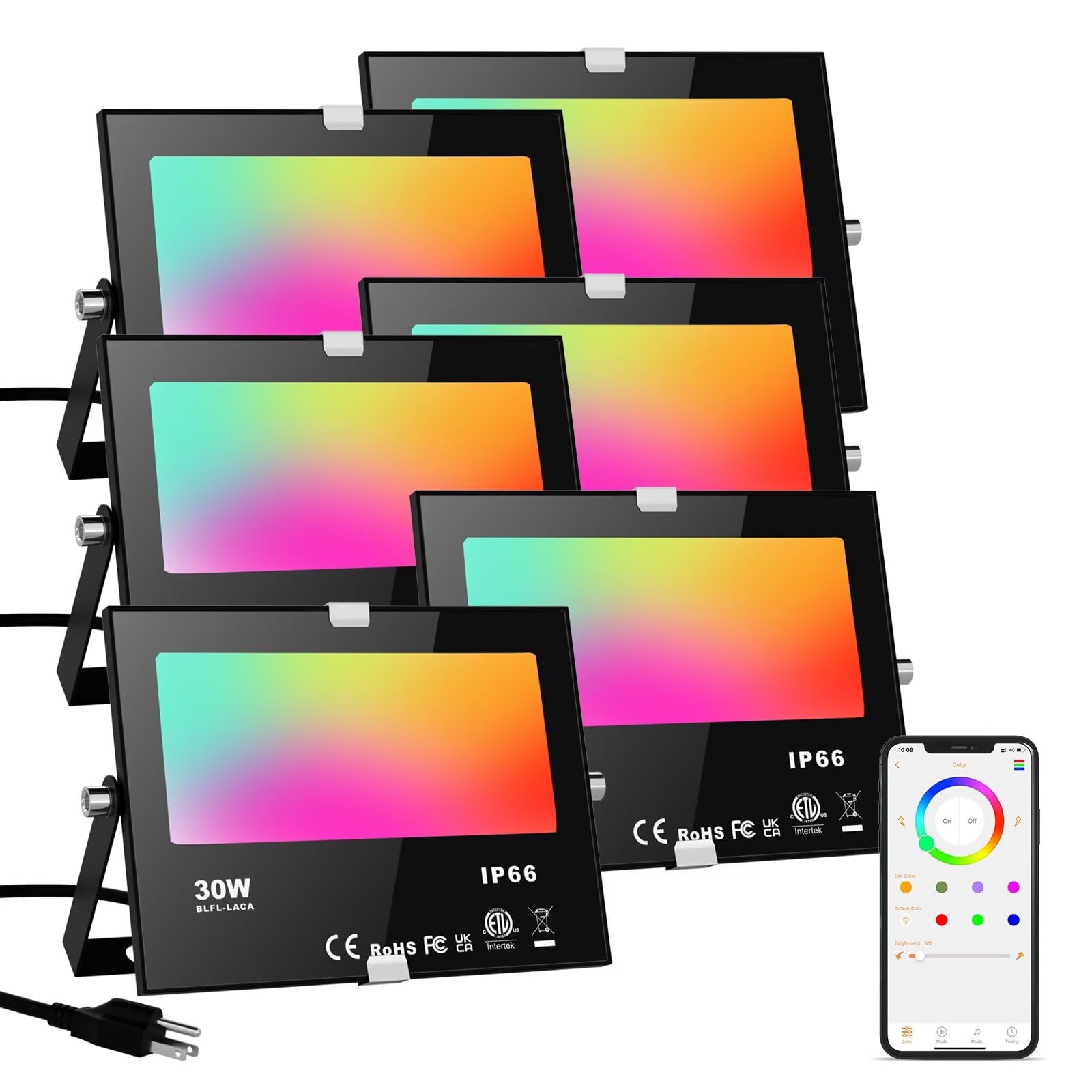 Led Flood Lights Rgb Color Changing 300W Equivalent Outdoor  30W Bluetooth Smart Rgb Floodlight App Control  Ip66 Waterproof  Timing  2700K&16 Million Colors 23 Modes For Garden Stage Lighting 6 Pack