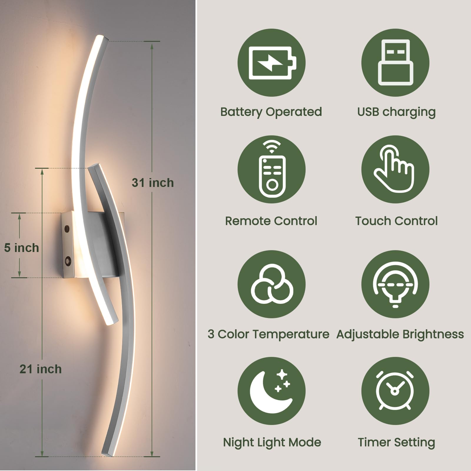 Sovinzert Wall Sconce Set of 2, Brushed Nickel LED, 3000K-6000K, Rechargeable, Modern Design for Living Room, Bedroom, Hallway