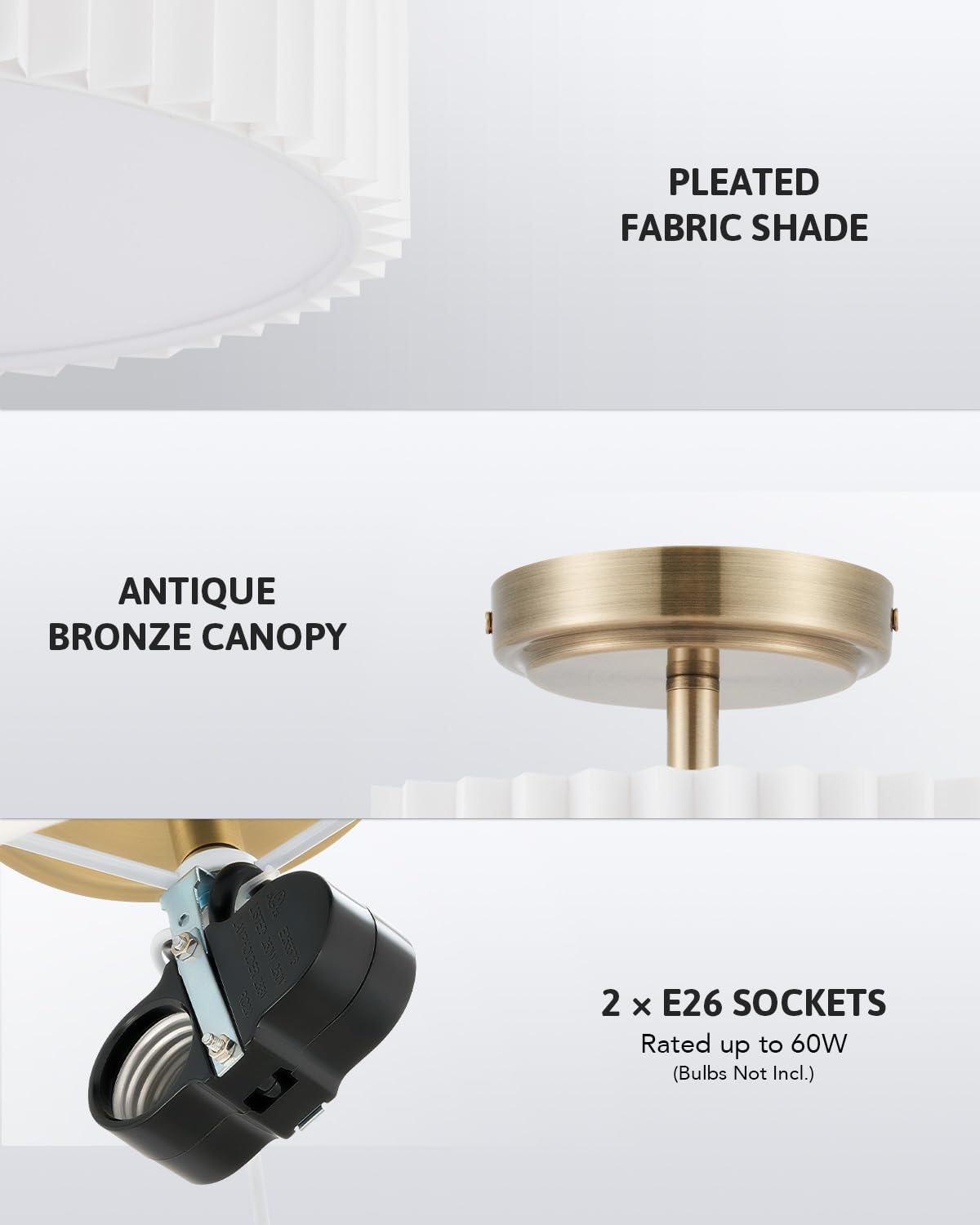 Vonluce 13&quot; Semi Flush Mount Ceiling Light, 2-Light Drum Fixture, White Shade & Bronze Finish