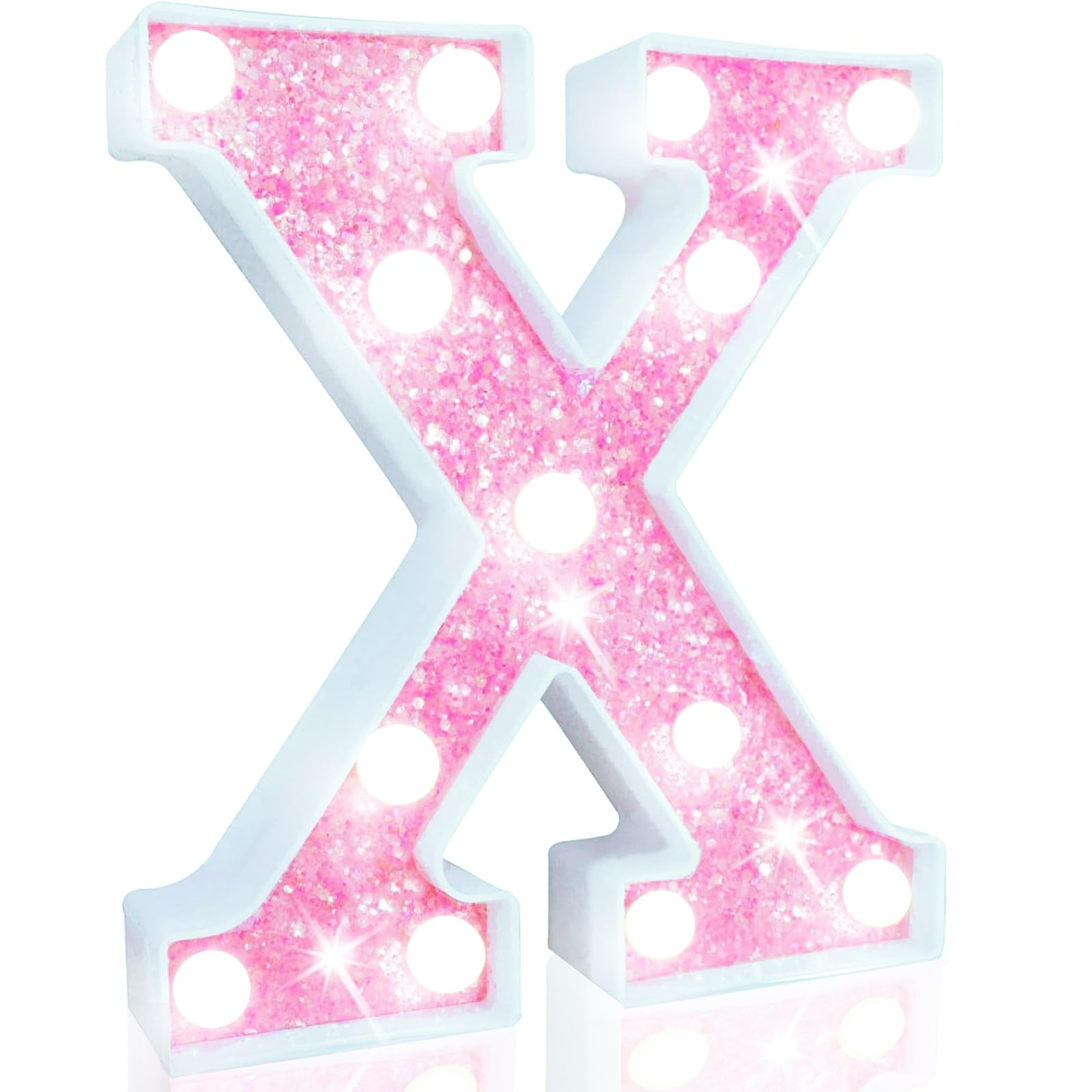 Pooqla Led Marquee Letter Lights  Light Up Letters Glitter Letter Sign Girls Gift  Battery Powered Night Light Pink Birthday Party Room Wedding Christmas Girls Bedroom Dorm Decoration  Cool White X