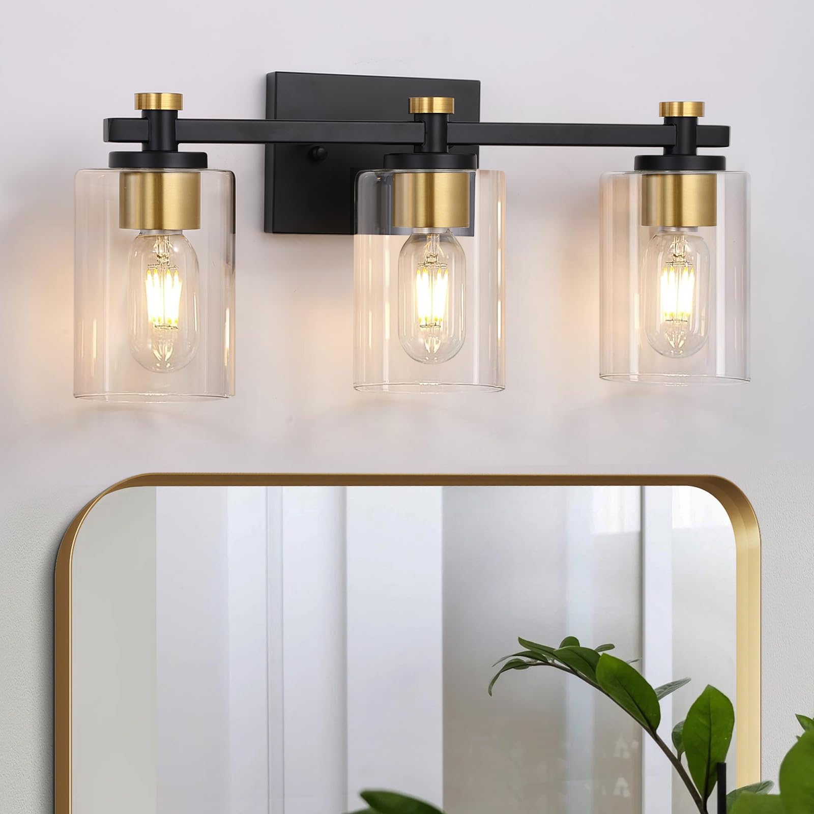 Jdvads 3 Light Bathroom Vanity Light Fixtures, Black and Gold, Metal, Clear Glass Shade, Model VL001-3-BG