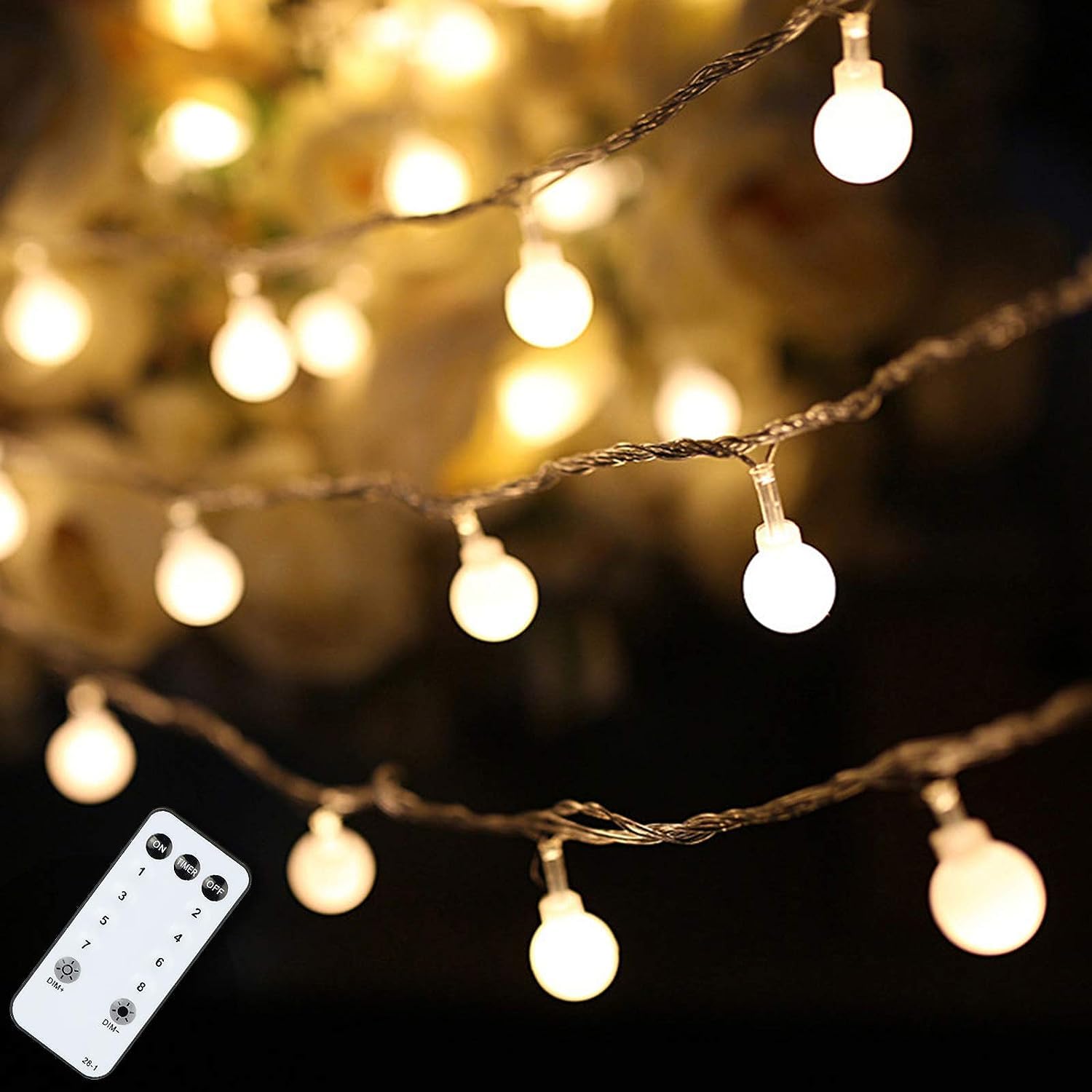 Globe String Lights 59 Ft 100 LED Christmas Lights Plug in with Remote Timer, Connectable 0.71'' Small Frosted Globe Lights for Bedroom Wedding Chrismtas Tree Indoor Outdoor Decor, Warm White