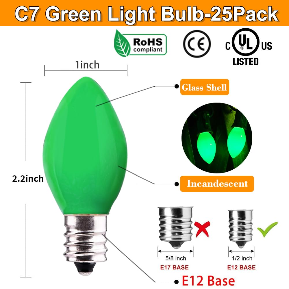 25 Pack C7 Green Light Bulbs St Patrick'S Day Decorations Replacement Bulbs C7 Light Bulbs C7 Incandescent Light Bulbs 5W C7/E12 Candelabra Base For Indoor/Outdoor String Lights St Patrick'S Day Decor