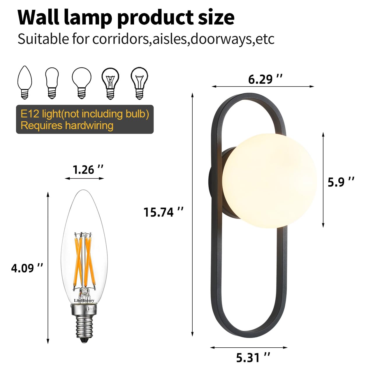 Bektas Wall Sconces Set of 2 Matte Black Modern Metal Lighting with White Globe Glass Shade for Living Room and Bedrooms