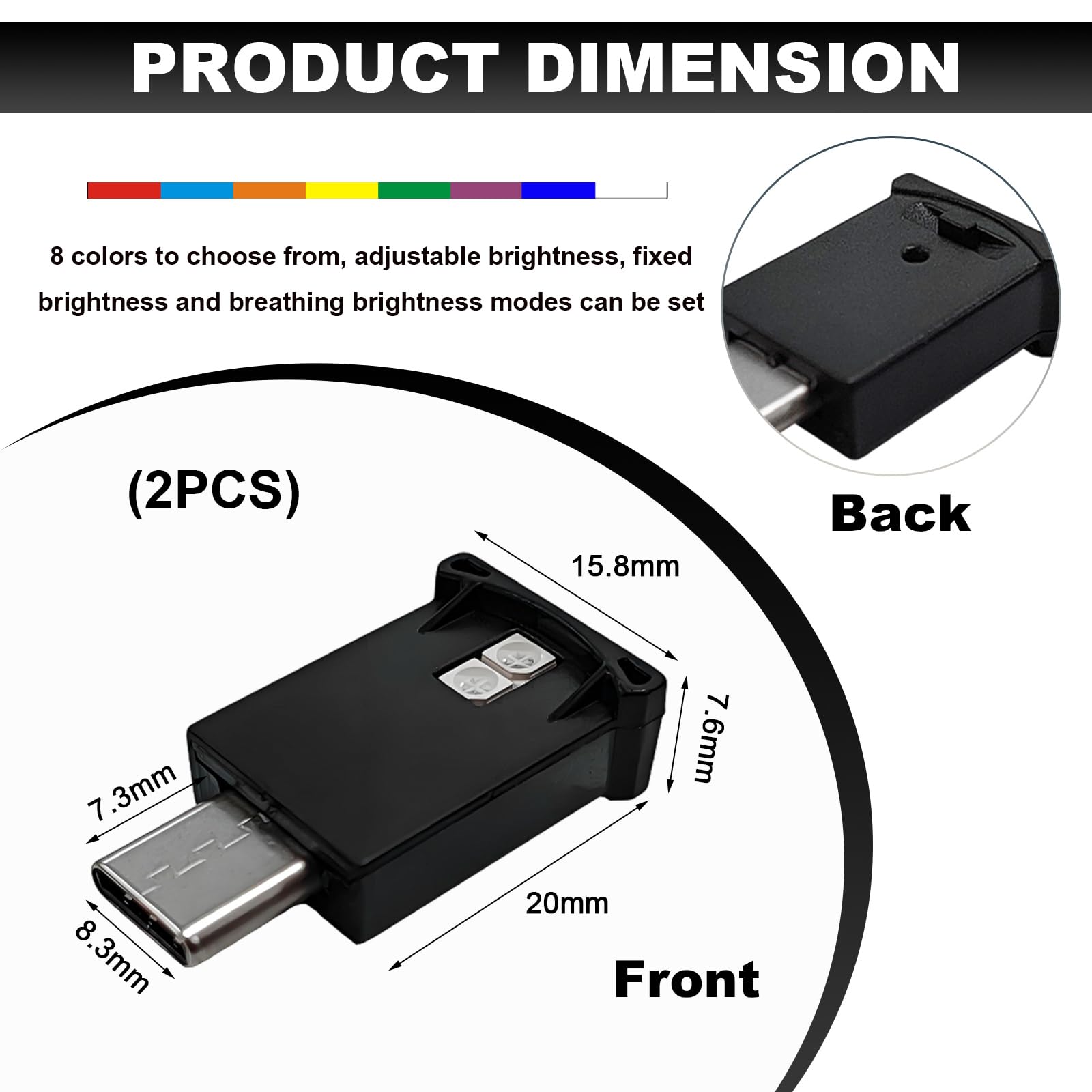 DXNQ USB Type C LED Ambient Light - 2PCS RGB Car Interior Decor, Adjustable Brightness, ABS Material, Mini Night Light