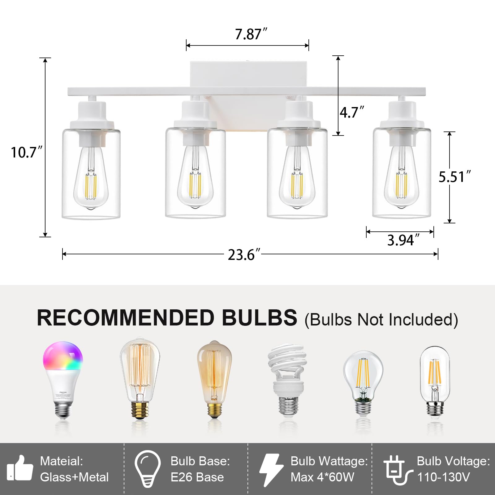 HCCZ 4 Light Bathroom Vanity Light Fixture, White Metal, Modern Design, Model 800-100-1082
