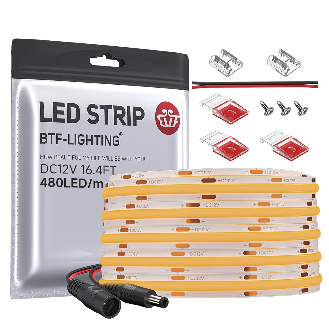 BTF-LIGHTING FCOB COB LED Strip Orange Color 480LED/m 16.4FT DC12V Flexible High Density Uniform Light 8mm Width Bright Dimmable