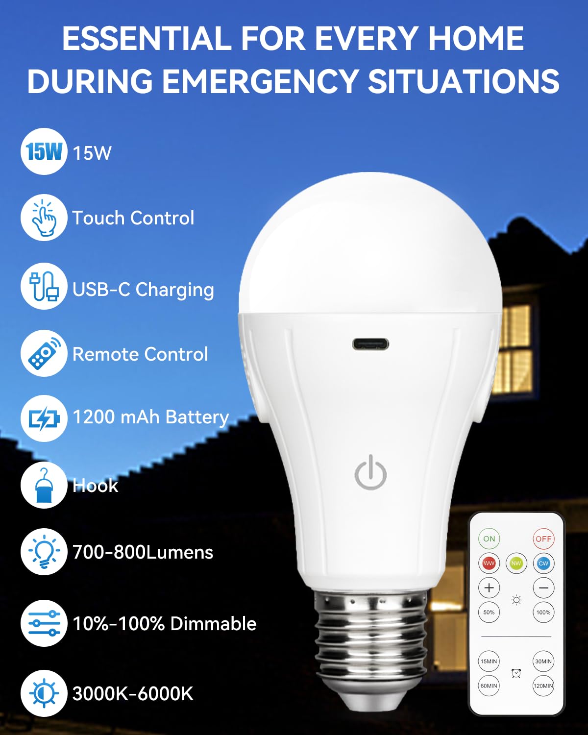 LUXKAZSAZZI WirelessGlow Rechargeable Light Bulbs, Dimmable, 3 Color Temps, A19, 2 Pack, ABS Material