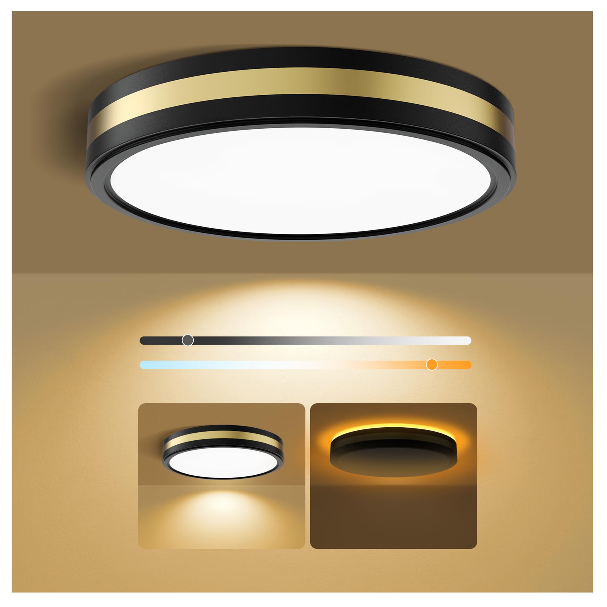 15 Inch Flush Mount Ceiling Light with Night Light, 5CCT Modern Black Gold LED Ceiling Light Fixture, 35W 3500LM 2700K-6500K Adj
