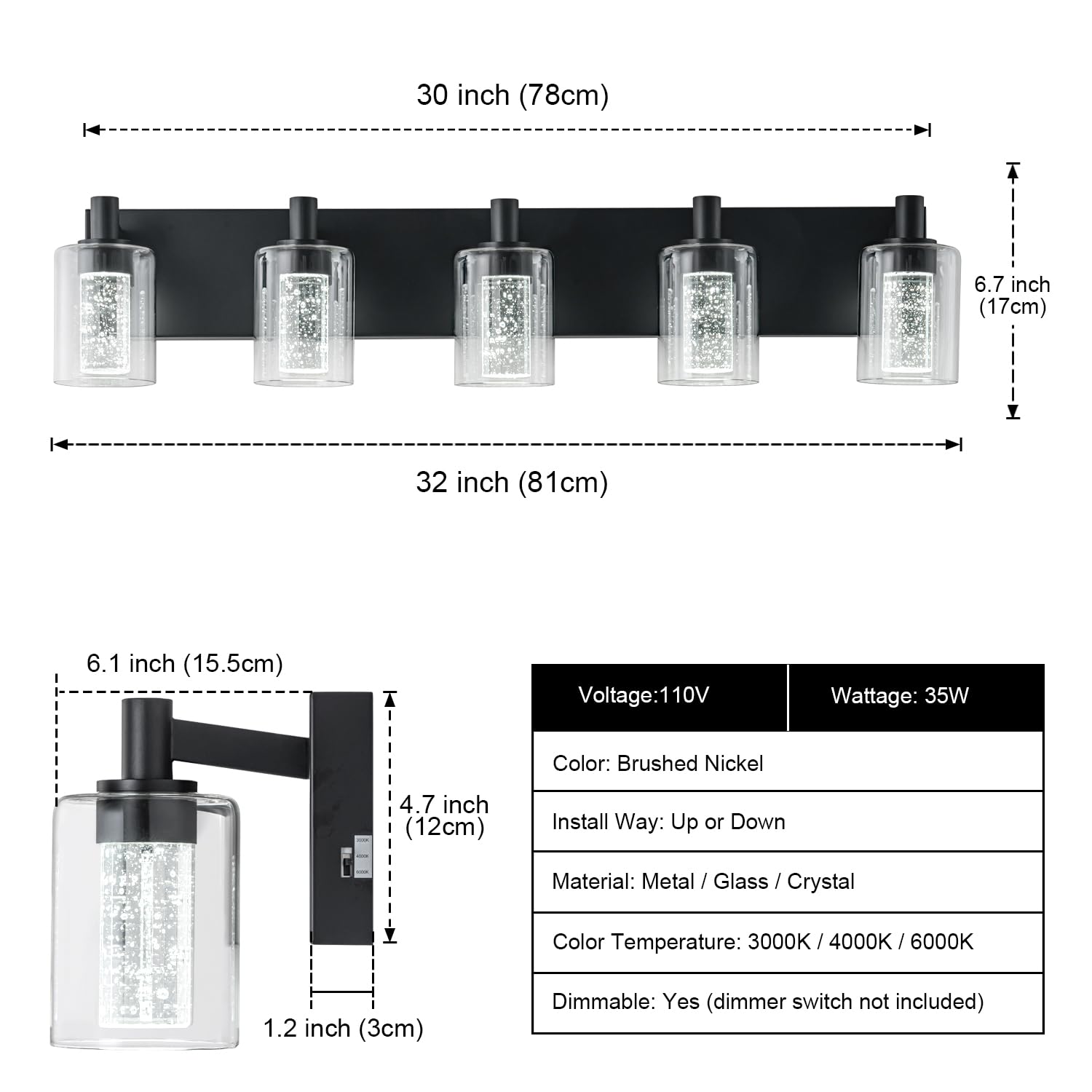 SineRise Vanity Light Fixture, 5-Light Dimmable LED, 3 Color Modes, Eye Protection, Black, Model S0028