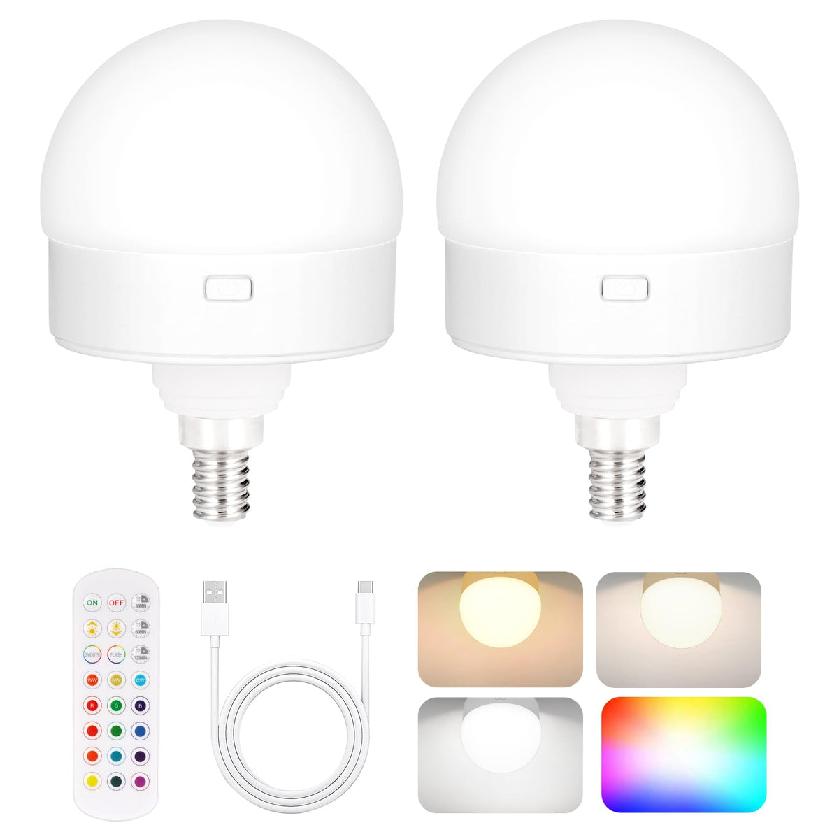 Yochoice 2-Pack E12 Rechargeable Battery Operated Light Bulb With Remote, Dimmable Led Bulb With 15 Colors Selectable & 3 Timer,