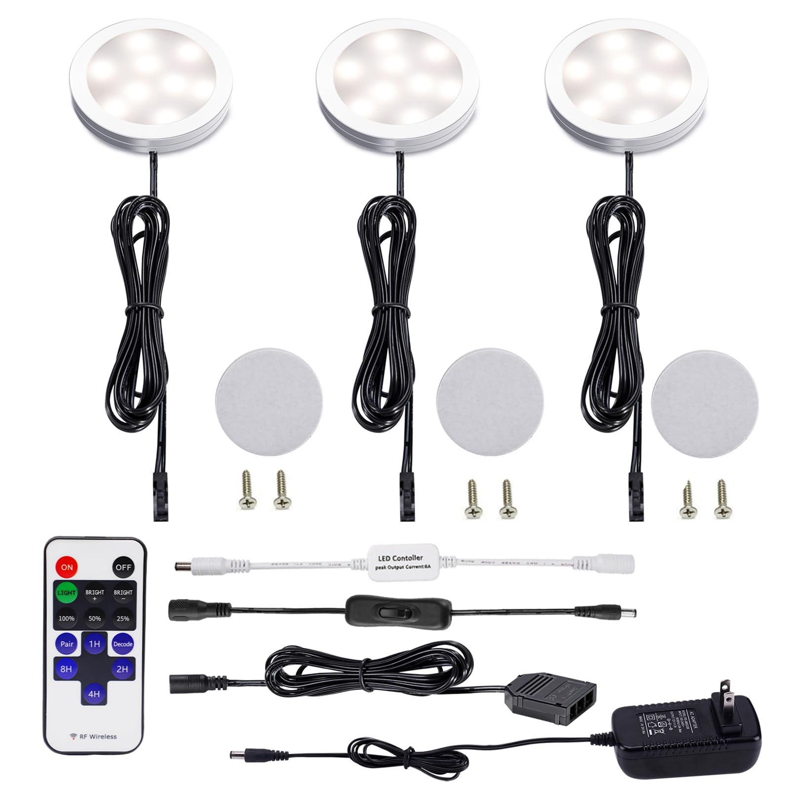 AIBOO LED Under Cabinet Lights Kit - Dimmable 3 Lamps with RF Remote Control, Natural White, Aluminum