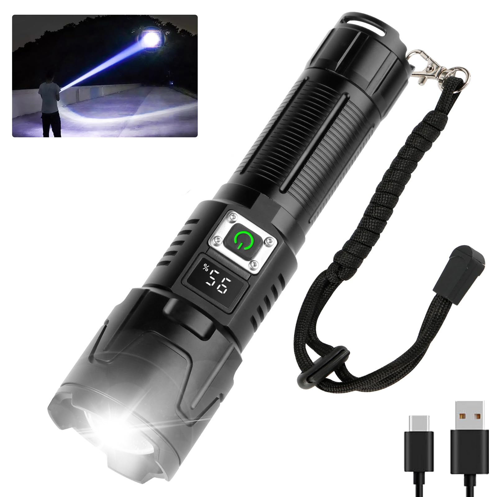 Siuyiu Flashlight Rechargeable Usb-C, Flashlights High Lumens,3 Light Modes, Digital Battery Display Tactical Flashlight, P65 Wa