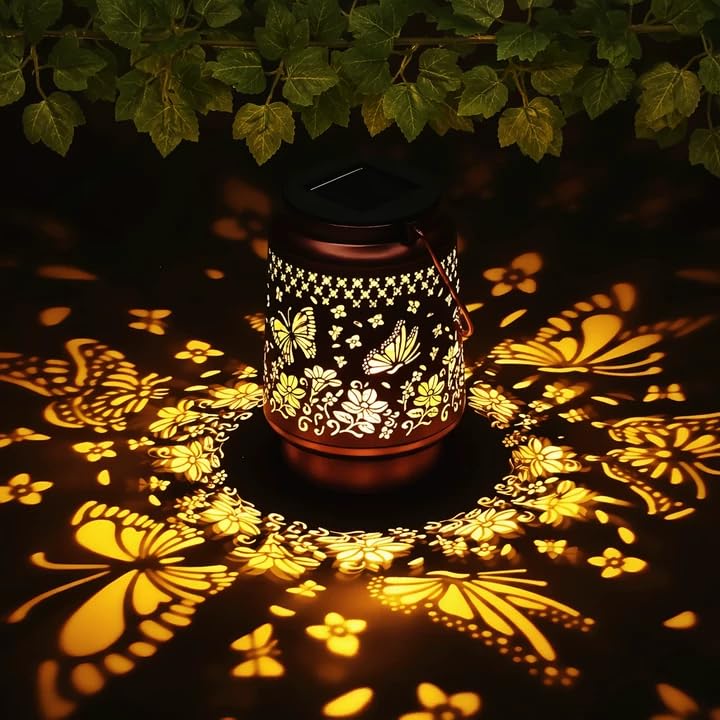 Lyeasw Solar Lanterns Outdoor, Metal Butterfly Garden Lights, Waterproof Hanging Decor for Patio & Porch | Solar-Powered Gift fo