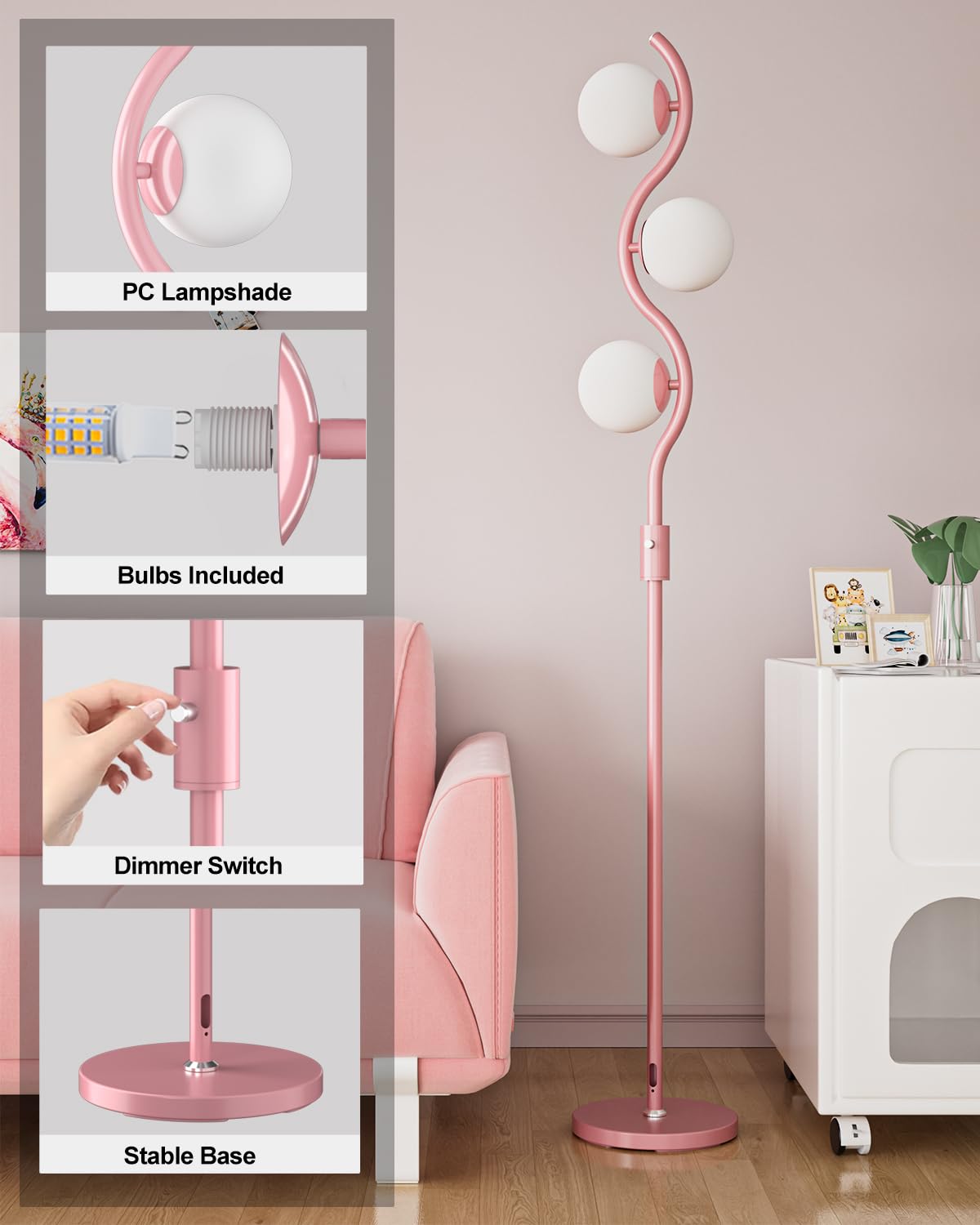 Lightdot 60In Dimmable Pink Floor Lamp Mid Century Standing Lamps With 3Pcs G9 3000K Warm White Bulbs Stepless Dimming Globe Mod