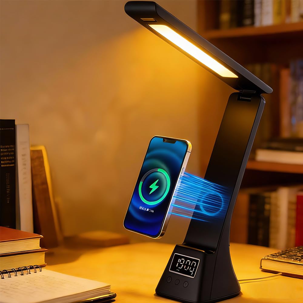 IHAO 3in1 Foldable Eye-Care Desk Lamp with 15W Wireless Charger & Digital Clock Touch Control  3 Color Temperatures  Alarm  180 Foldable  Phone Stand  Modern LED Table Lamp TYV-2088 Black