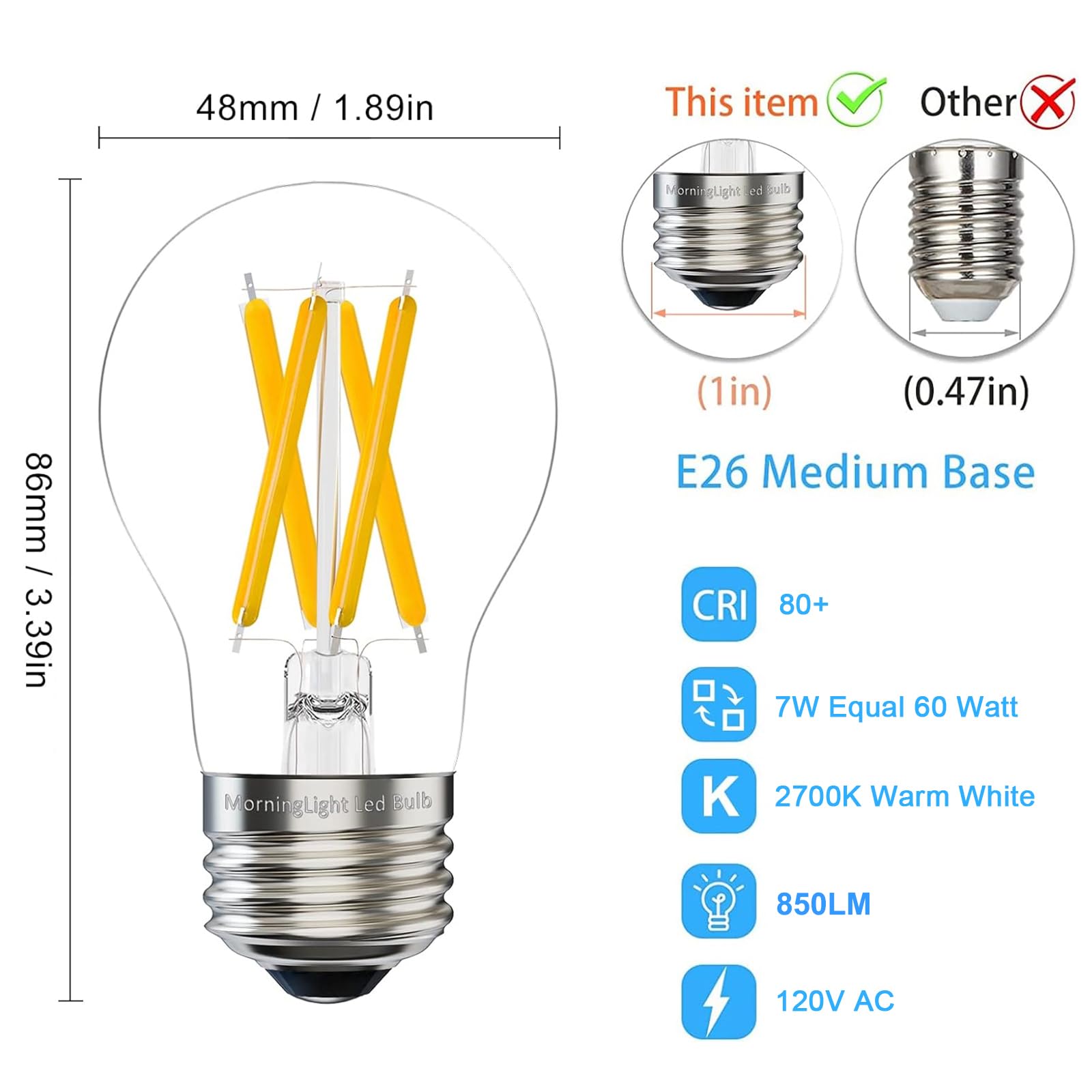 Morninglight A15 E26 Led Light Bulb 60 Watt, 2700K Warm White Dimmable Led Light Edison Bulbs 60 Watt, 6 Pack A15 7W Clear Antiq