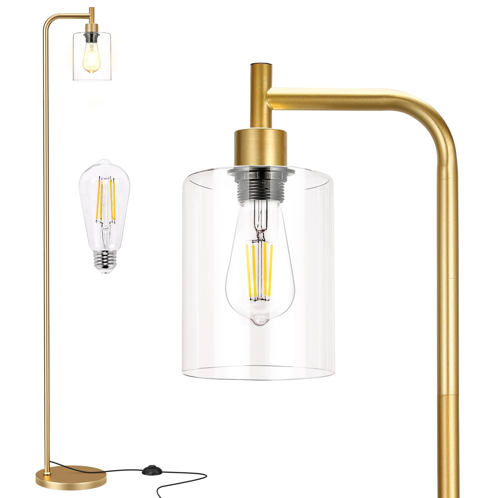 Ziisee Floor Lamps for Living Room - Industrial Standing Lamp with Glass Shade, Modern Gold Floor Lamp with LED Bulbs, Farmhouse Floor Lamp for Bedroom, Tall Lamp for Office - Gold