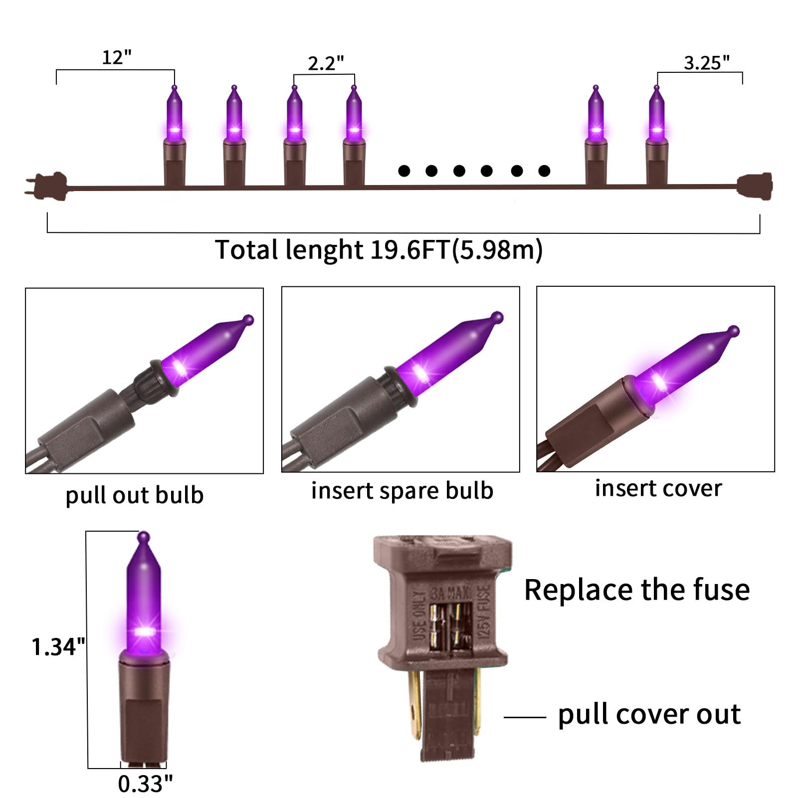 Twinglehome Ultra-Bright Connects End To End Purple Christmas Mini Lights 100L 19.6Ft Ul Listed Incandescent Bulb String Light Set For Indoor And Outdoor Halloween Home Garden Party Holiday Tree Decor