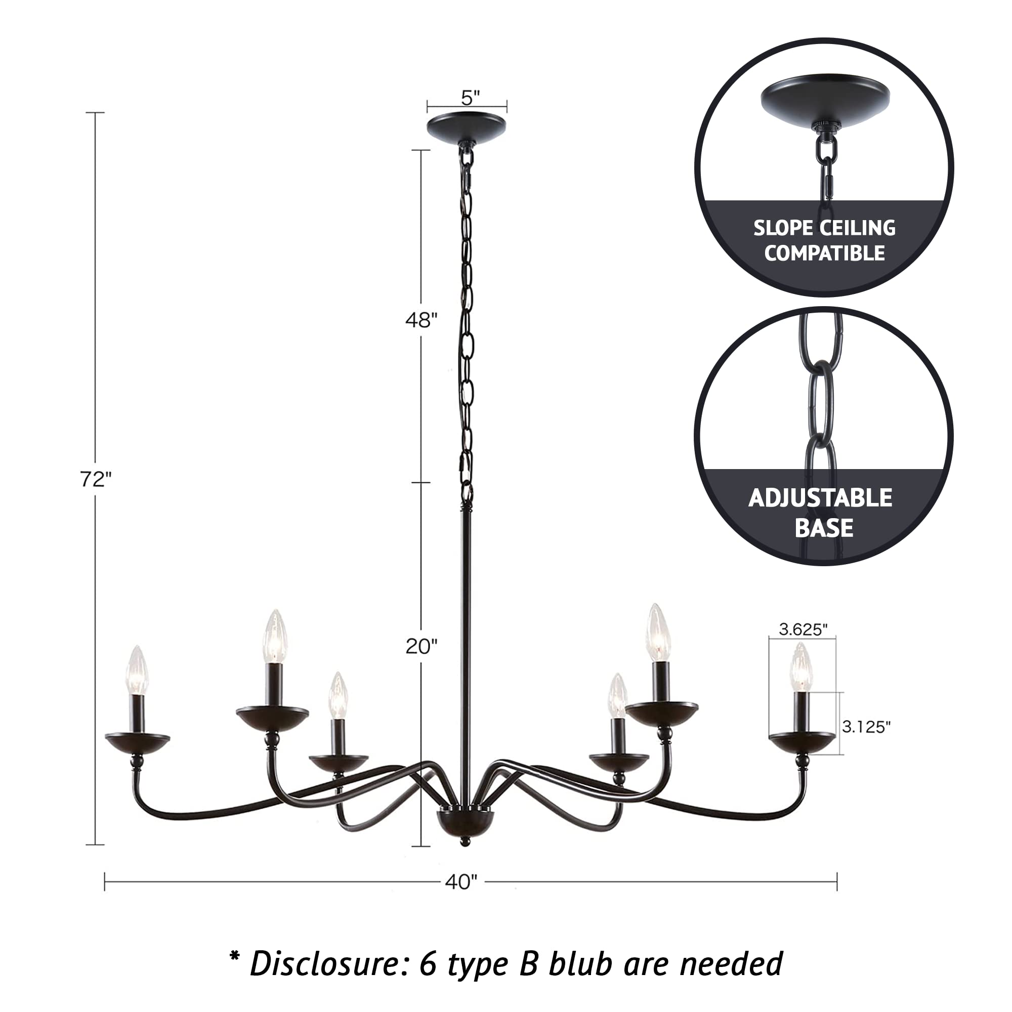 Hampton Hill 6-Light Metal Chandelier, Rustic Design, 40in W x 40in D x 72in H, Matte Black, Model MP150-0194
