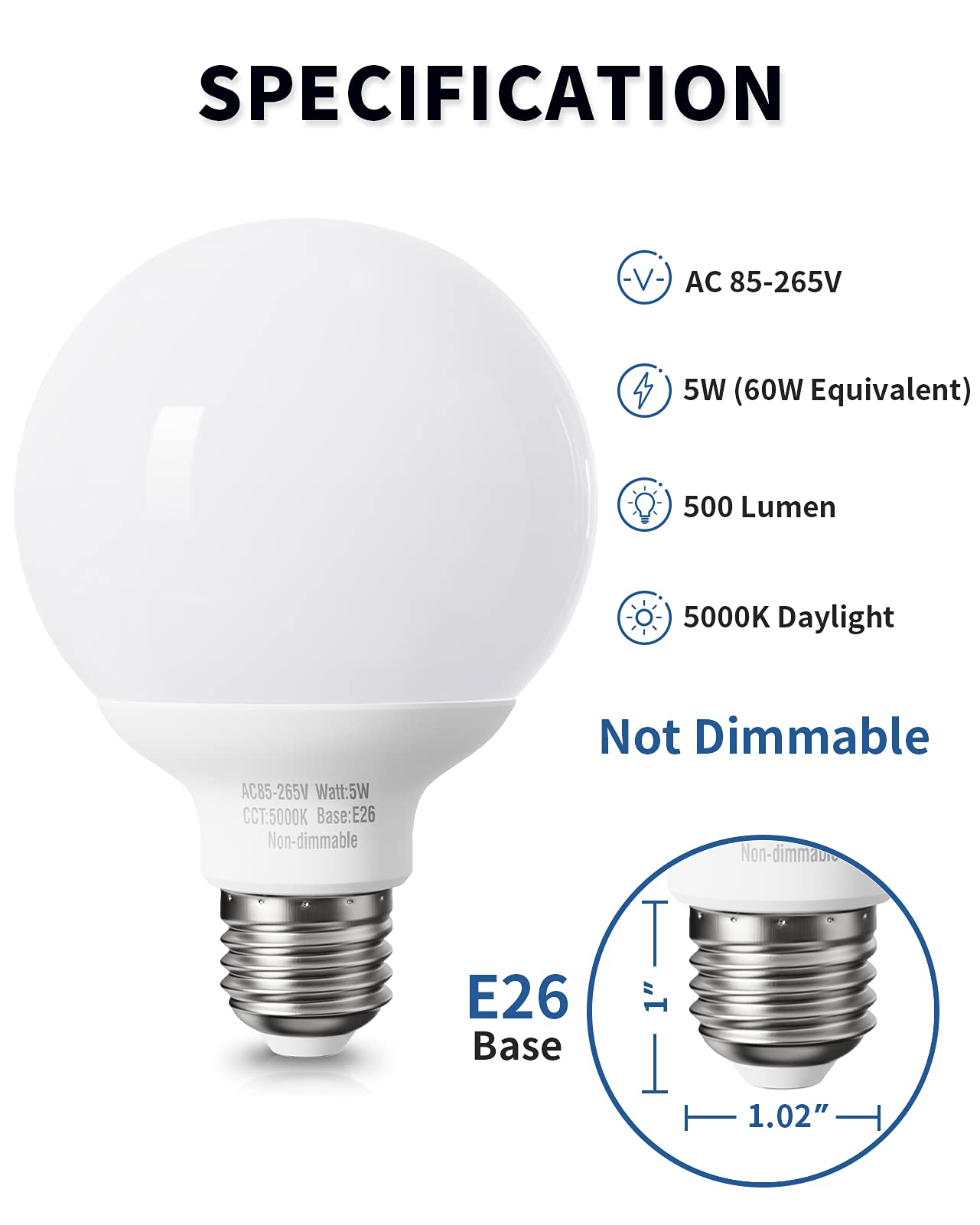 Pazetiv 8 Pack Daylight Led Globe Light Bulbs For Bathroom, 120V 60 Watt Equivalent, E26 Medium Base, Non-Dimmable Vanity Light