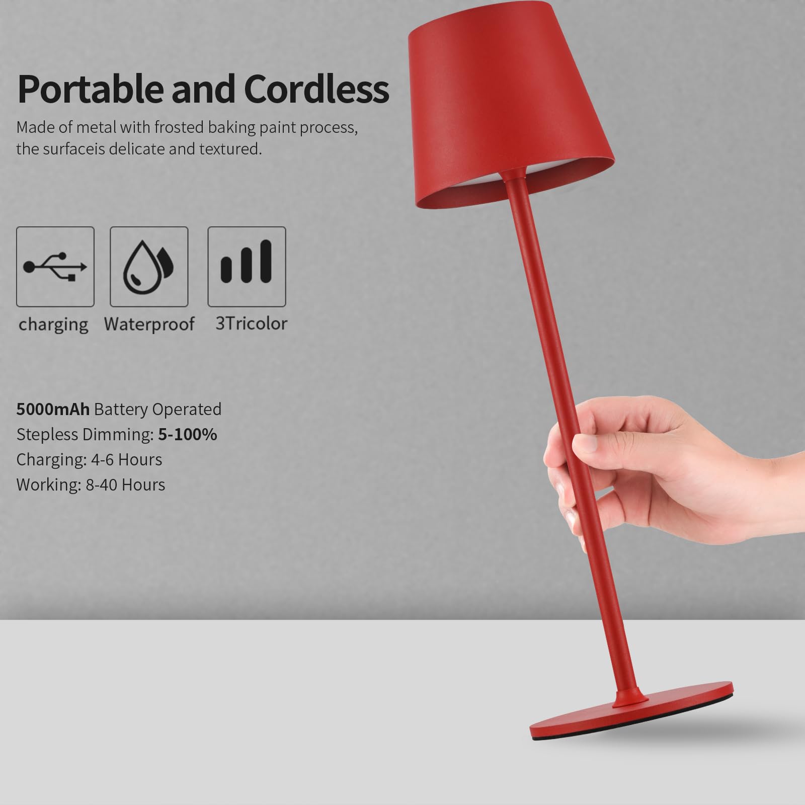 BGFHome Cordless LED Desk Lamp, Rechargeable Touch Night Light, Metal, 4.3x4.3x14.6 inches, Red, Model: red2pack, 2