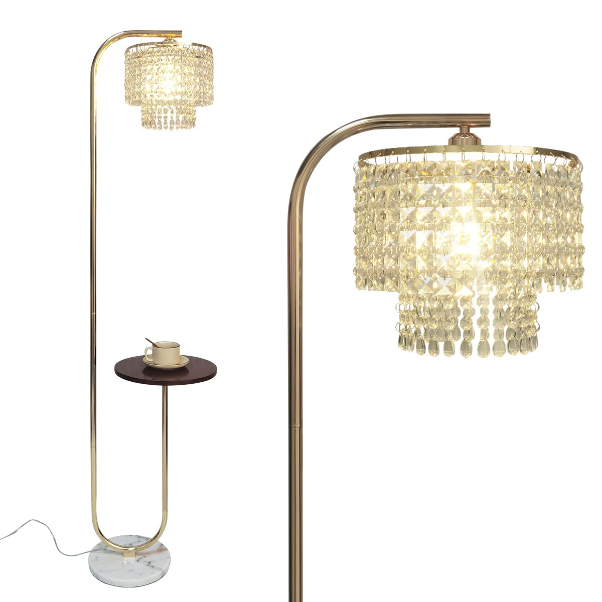 Hsyile Arc Crystal Floor Lamp For Living Room - Marble Base Modern Tall Stand Up Light With Table,Contemporary Over The Couch Go