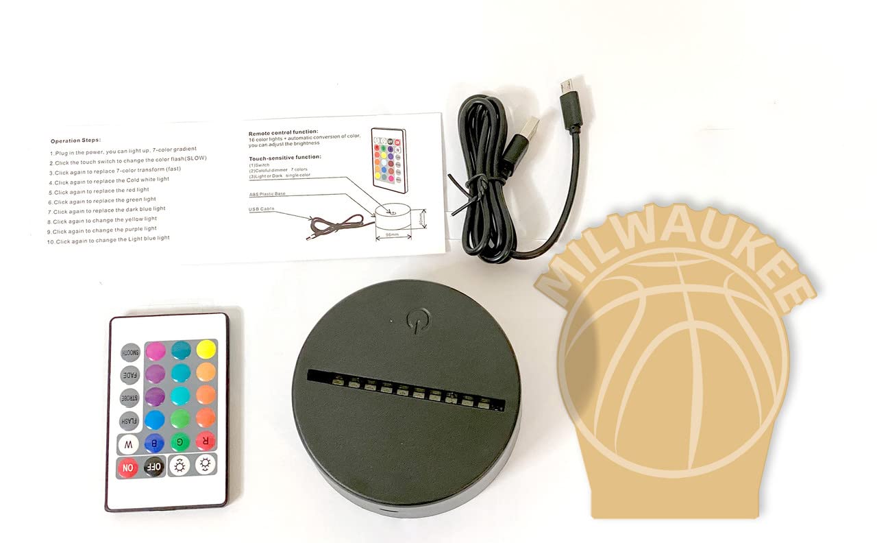Clorurbanlive 3D Basketball Milwaukee Night Light 3D Illusion Lamp For Boys Gift 16 Changing Color Remote Control Kids Room Ball