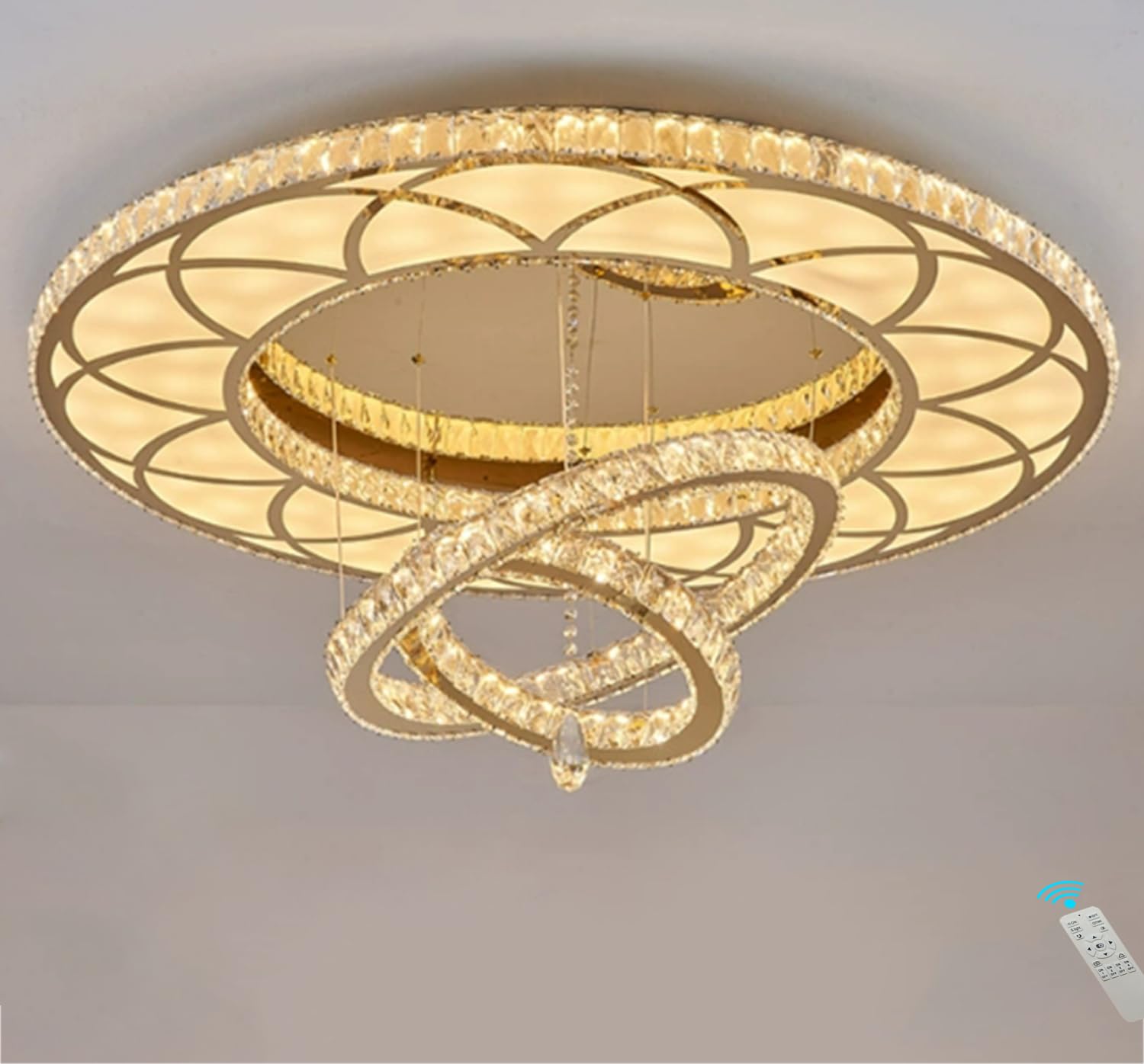 Flashing God 32" Modern Crystal Chandelier LED Flush Mount Light - Gold Finish, Dimmable 2700k/4500k/6000k, Ideal for Living Room & Bedrooms
