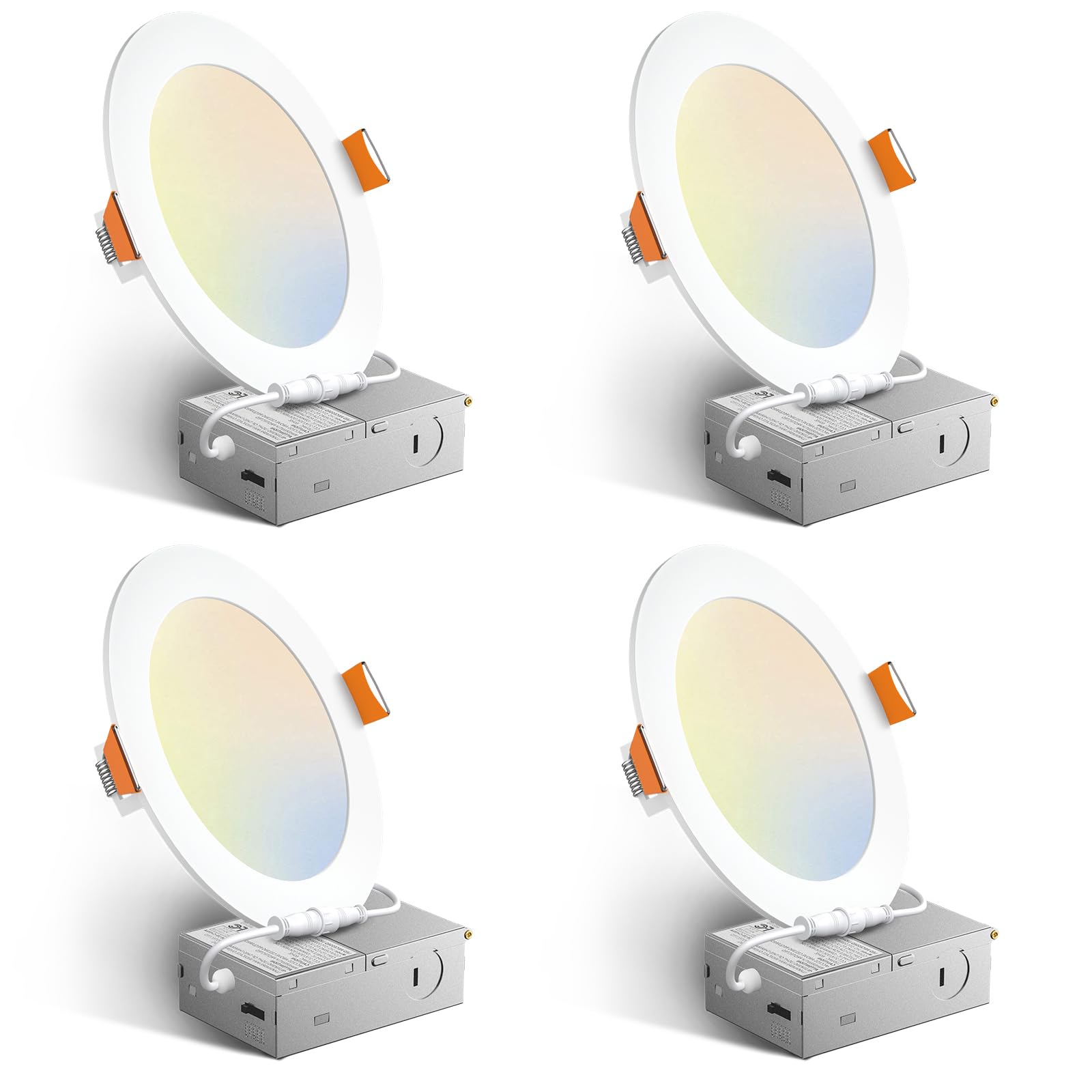 Amico 4 Pack 6 Inch 5CCT Ultra-Thin LED Recessed Ceiling Light with Junction Box, 2700K/3000K/3500K/4000K/5000K Selectable, 12W 