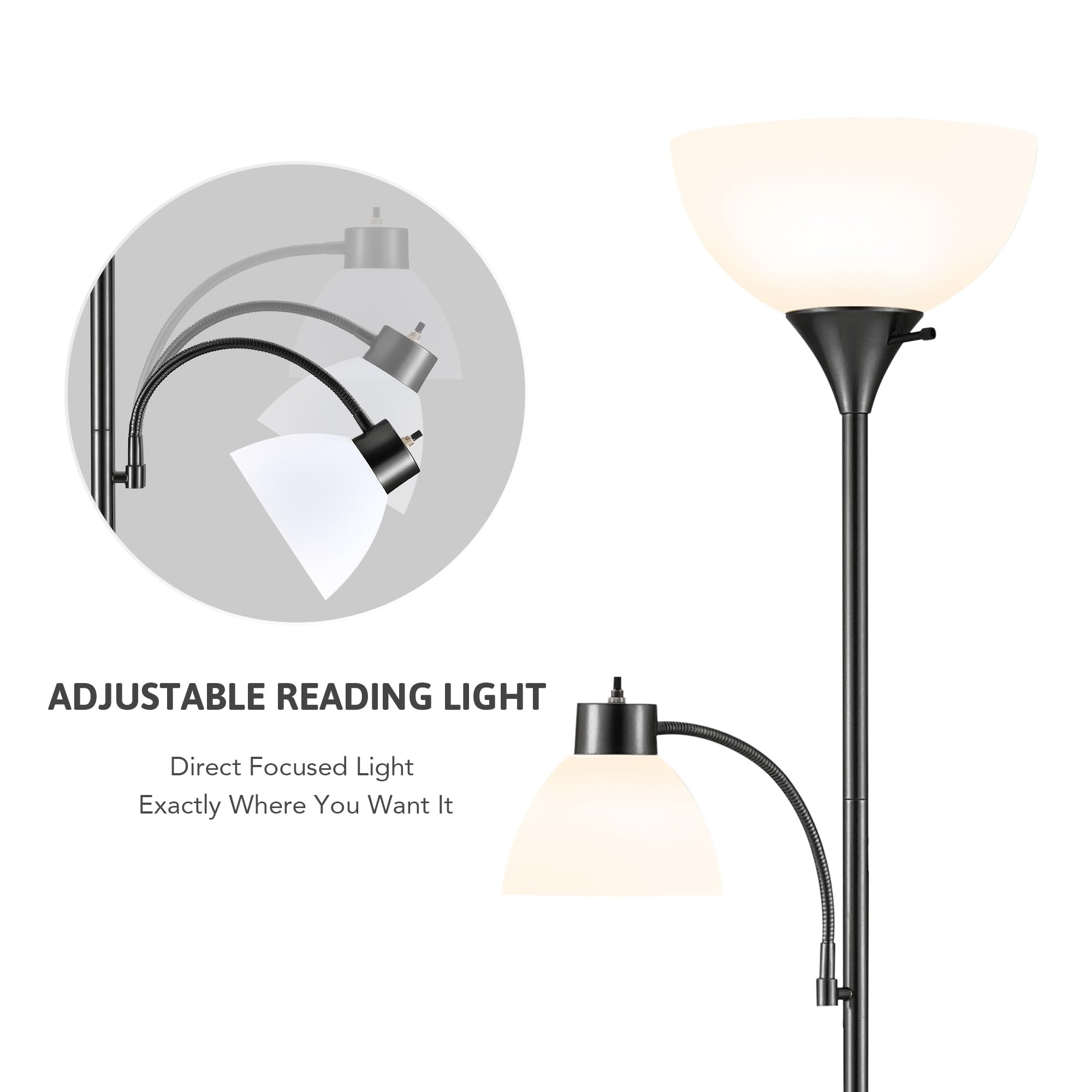 VONLUCE Torchiere Floor Lamp, 71in Adjustable Reading Lights, 2 Bulbs, Black, Model PTL-58DR