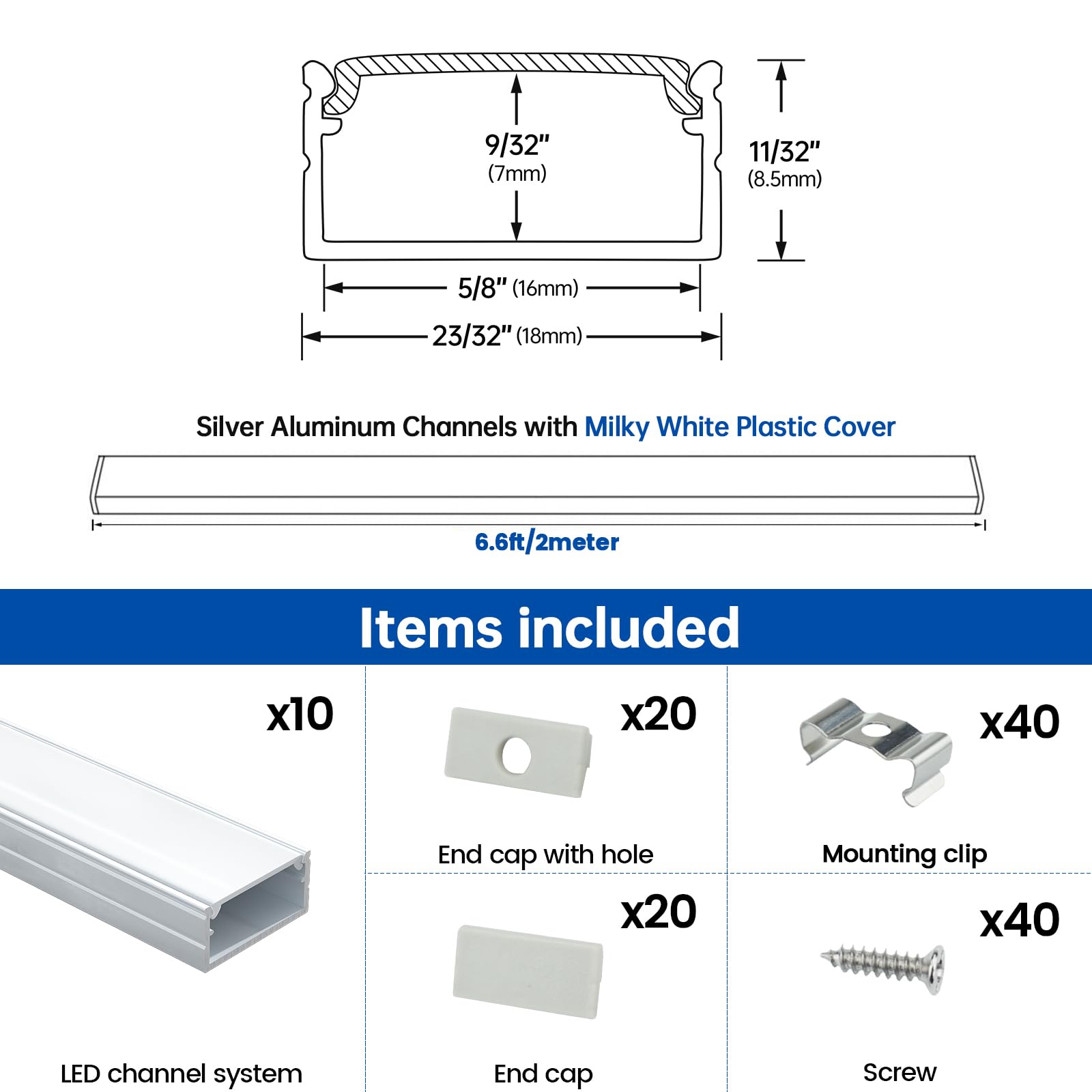 Muzata 10Pack 6.6Ft/2M Wider Led Channel Silver Aluminum Led Strips Diffuser Channel With Milky White Cover U102 Ww 2M