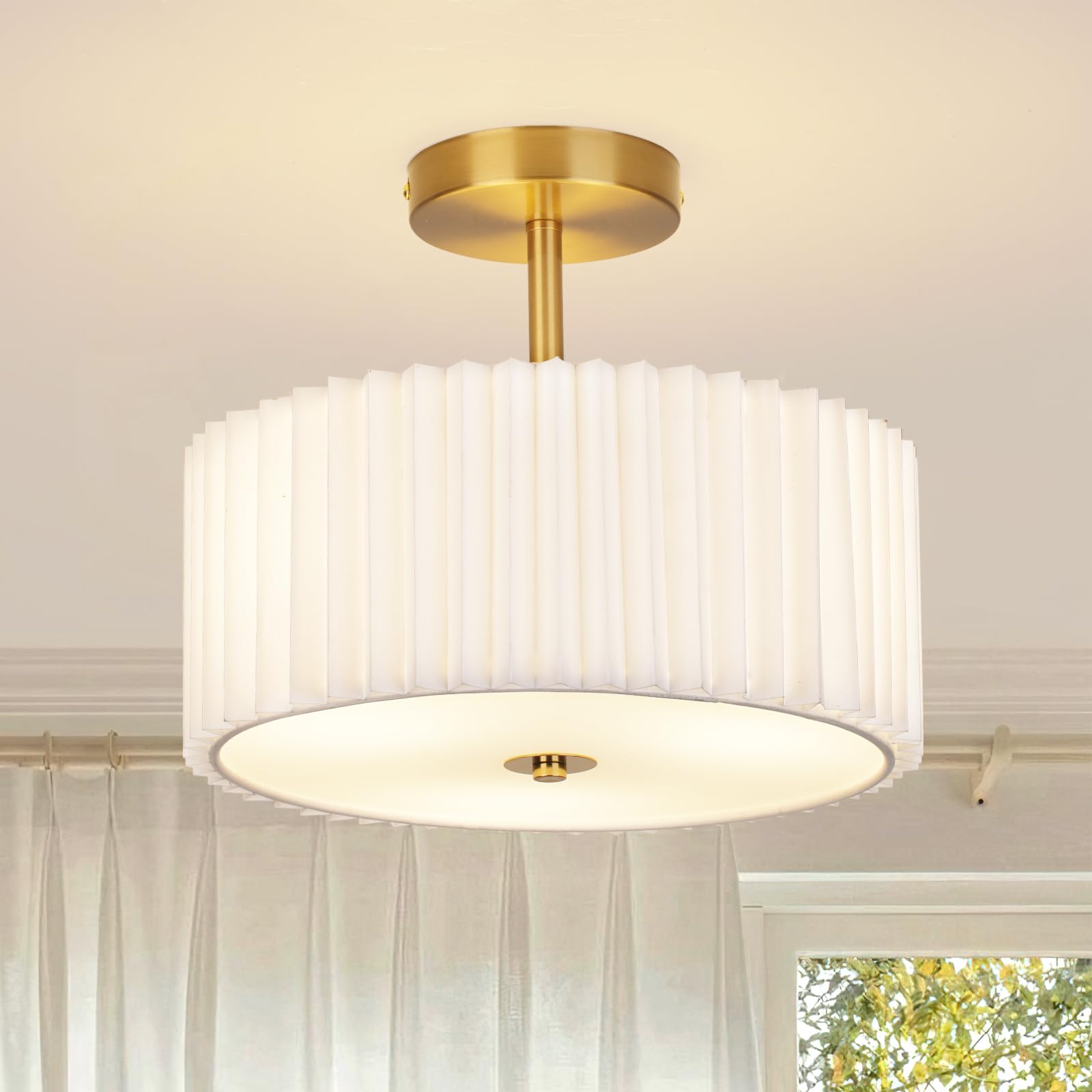 CLARSYNE Modern Semi Flush Mount Ceiling Light with Pleated Fabric Shade  12.5  Drum Gold Light Fixture with Lights  Warm White Linen Lamp for Bedroom  Living Room  Dining Room  Hallway  Kids Room