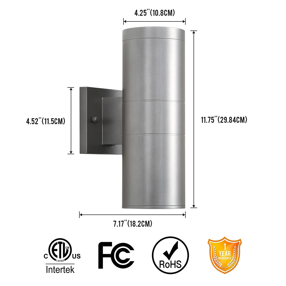 Mirrea Modern Outdoor Porch Light - 2 Pack Waterproof Aluminum Wall Sconce, Metallic Gray