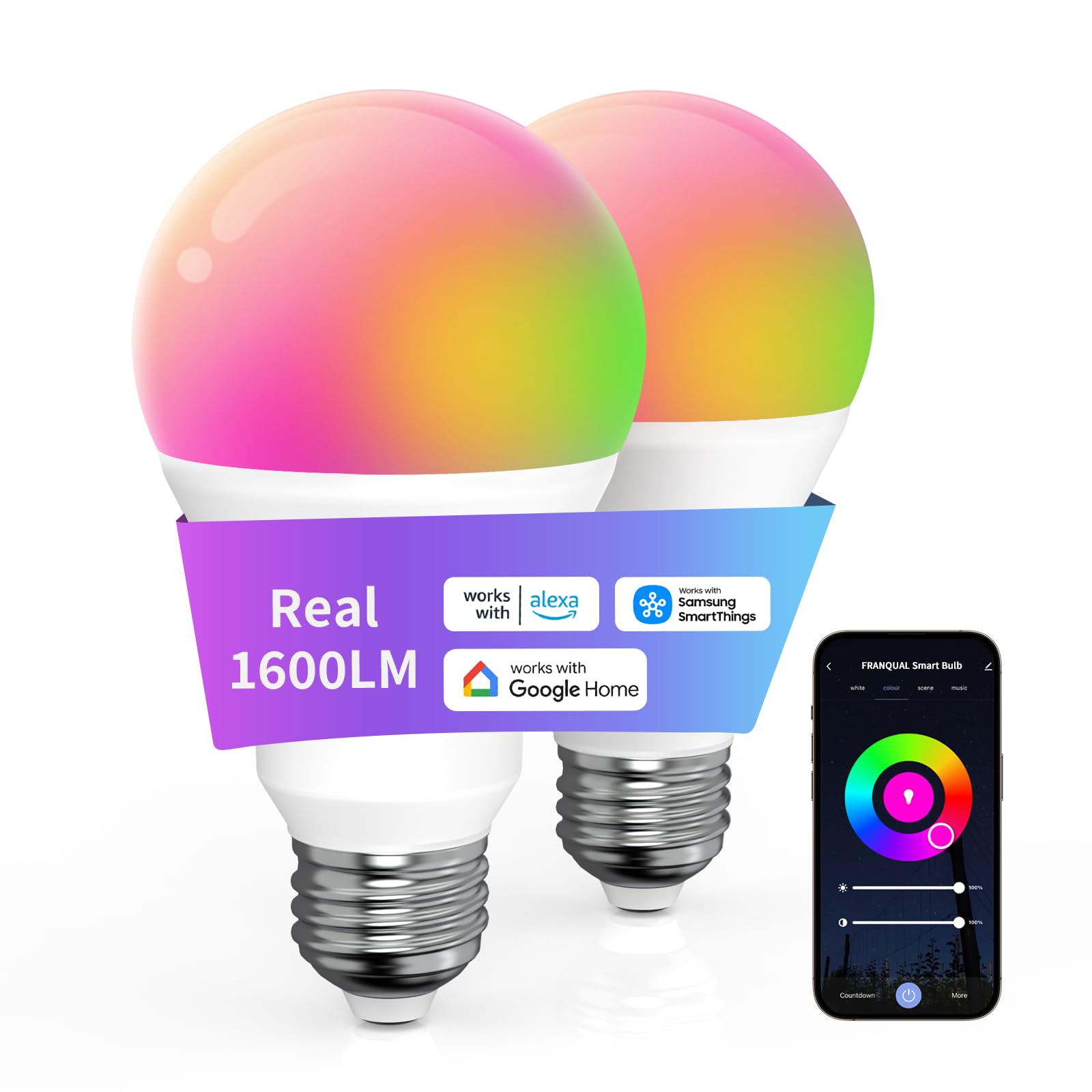 Franqual Smart Light Bulbs Work with Alexa Google Assistant, 1600LM Ultra Bright Smart Bulb, 13W 150W Equivalent RGBCW Color Cha