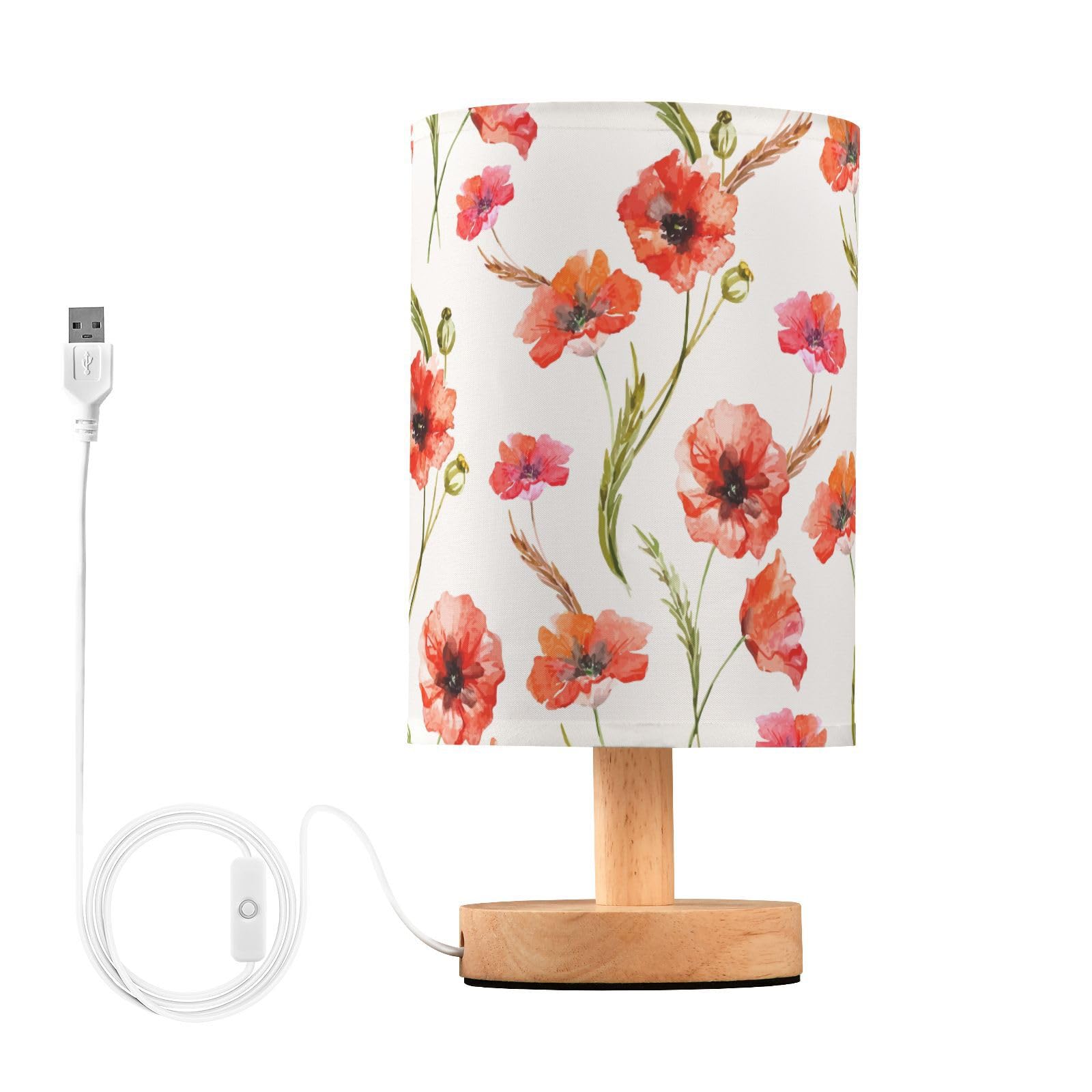 Oarencol Bedside Table Lamp Retro Poppy Nightstand Lamp with Wood Floral Flower Leaves Desk Lamps for Bedroom Living Room Nurser