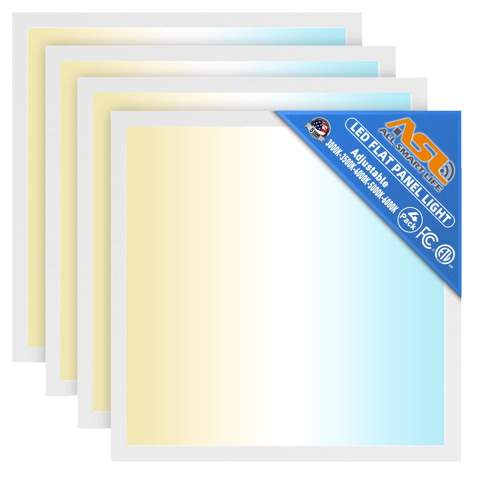 Allsmartlife 2x2 LED Flat Panel Ceiling Light 4-Pack, 0-10V Dimmable, 5CCT 3000K-3500K-4500K-5000K-6000K, MAX 60W/7200 Lumens, B