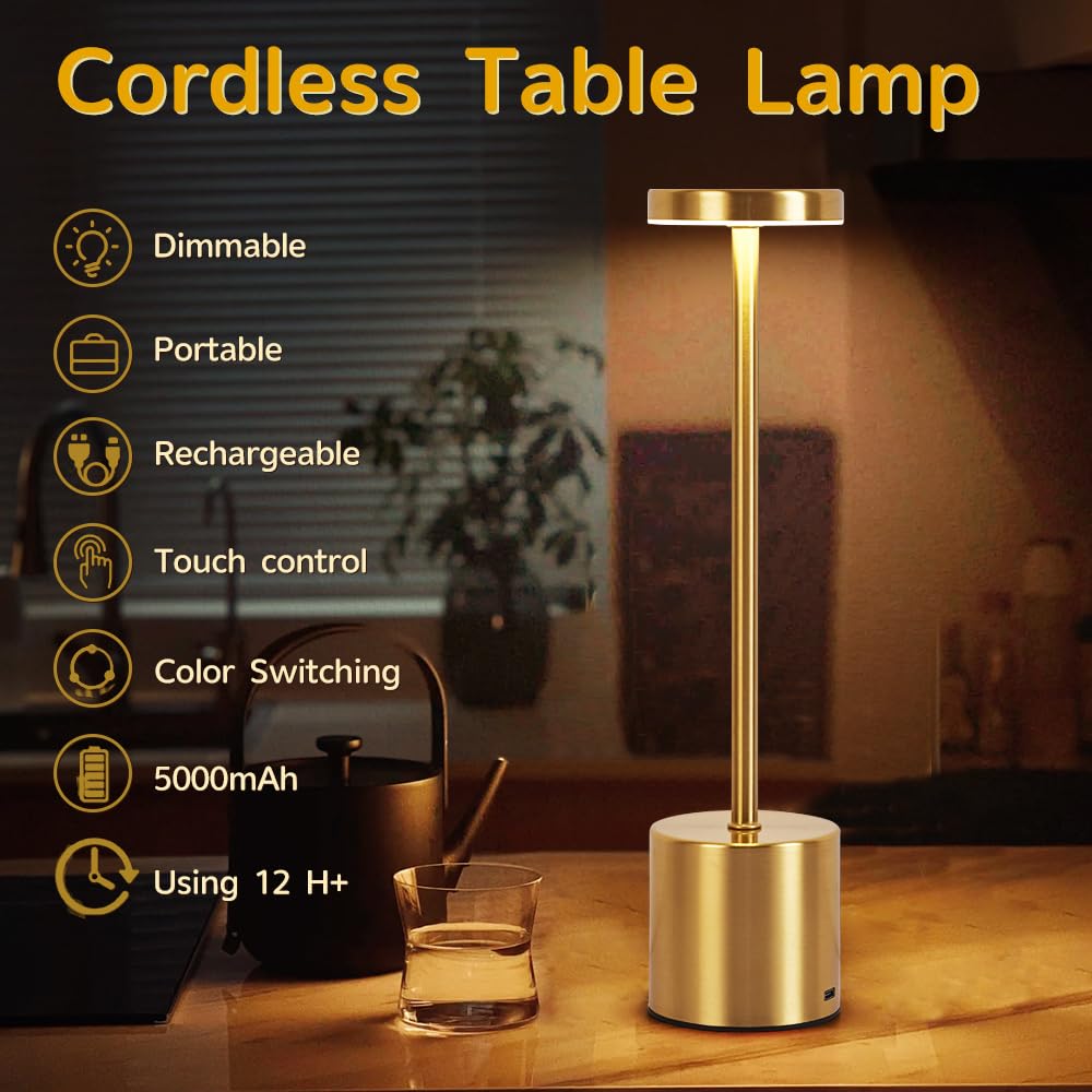 Xih 2 Pack Led Rechargeable Cordless Table Lamps Portable Outdoor 5000 Mah Battery Operated Table Light Touch Control 3 Color Dimmable Touch Lamp For Patio/Cofee/Restaurant/Camping/Dining/Bedroom-Gold
