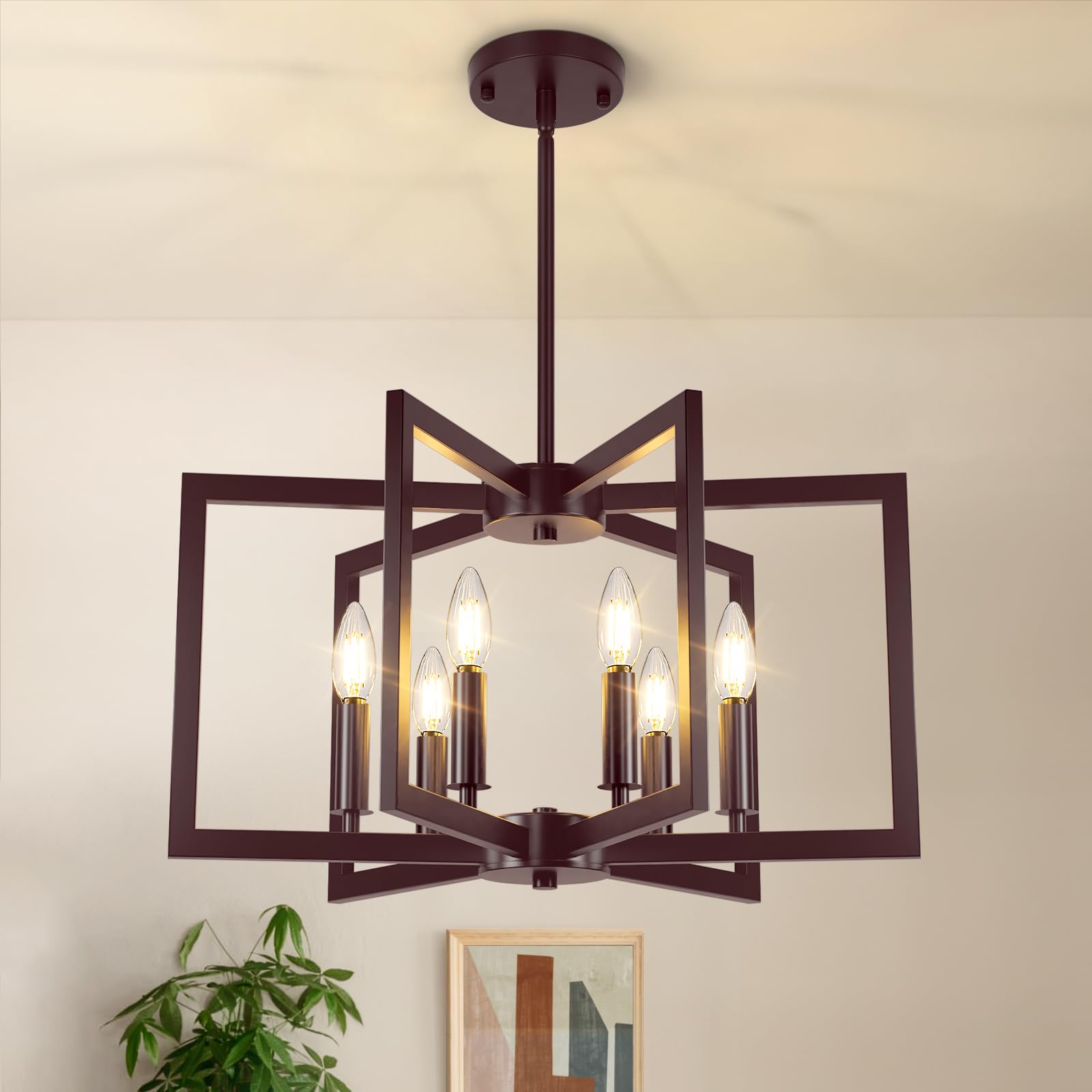 6-Light Oil-Rubbed Bronze Chandelier, Farmhouse Dining Room Light Fixture, Modern Chandelier, Geometric Industrial Metal Hang Li