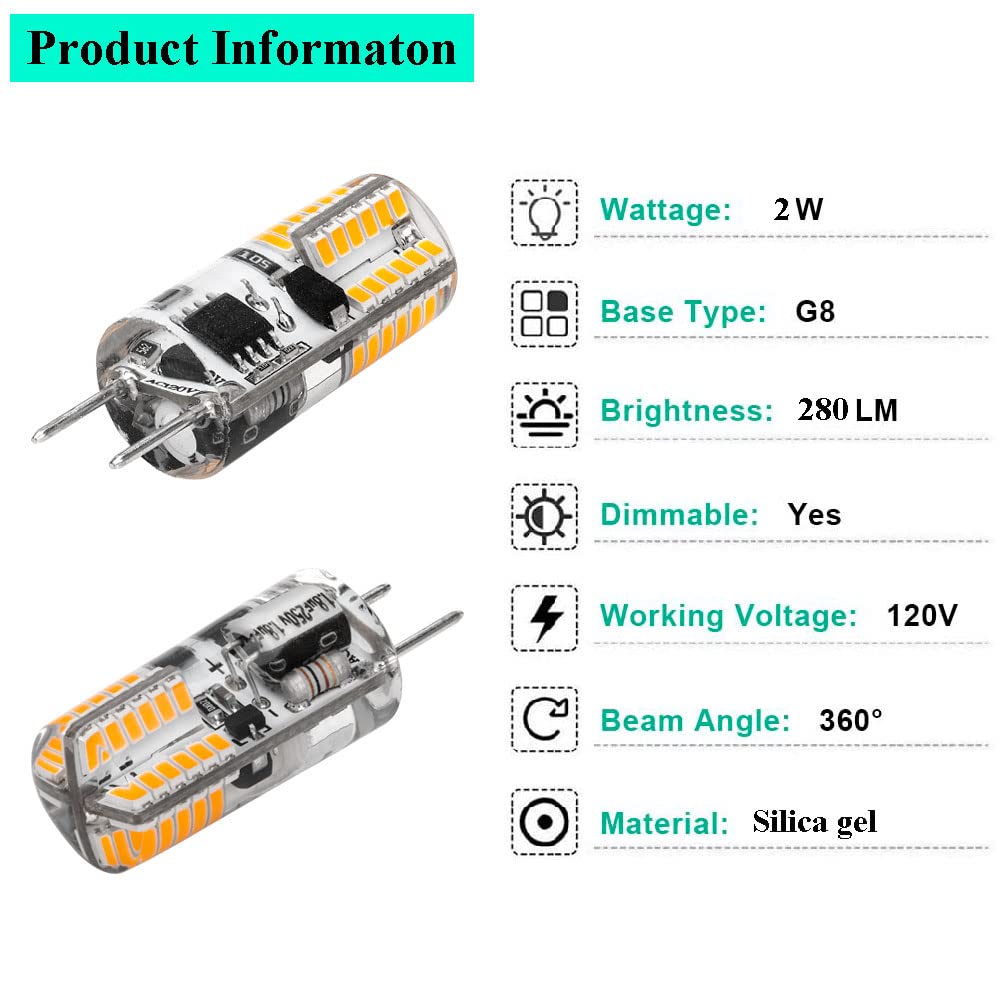 KAPATA Dimmable G8 LED Bulb 2W Warm White 10 Pack Bi-Pin Base T4 JCD Type for Under Cabinet Lighting