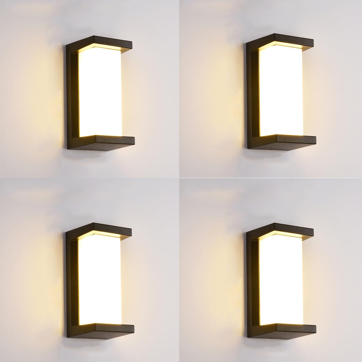 Juyace 18W Outdoor Porch Lights 4 Pack, Modern Black Wall Sconces, 1800Lm, 3000K Warm White, IP65 Waterproof, Model KU1287D