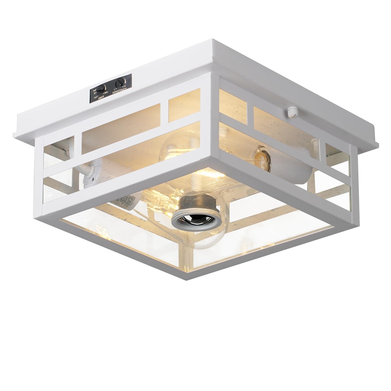 Calokes Outdoor Flush Mount Motion Sensor White Ceiling Light - Timeless Industrial Design With Seeded Clear Glass For Your Porc