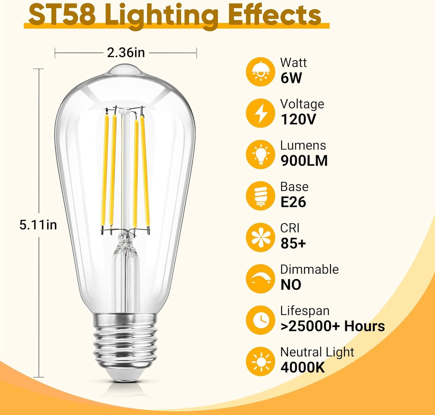12 Pack Led Edison Light Bulbs, Vintage 6W Led Bulbs 60W Equivalent, St58 4000K Daylight Soft White, Bright Led Filament Bulbs With Cri 85+, E26 Standard Base, 900Lum, Non-Dimmable, Clear Glass