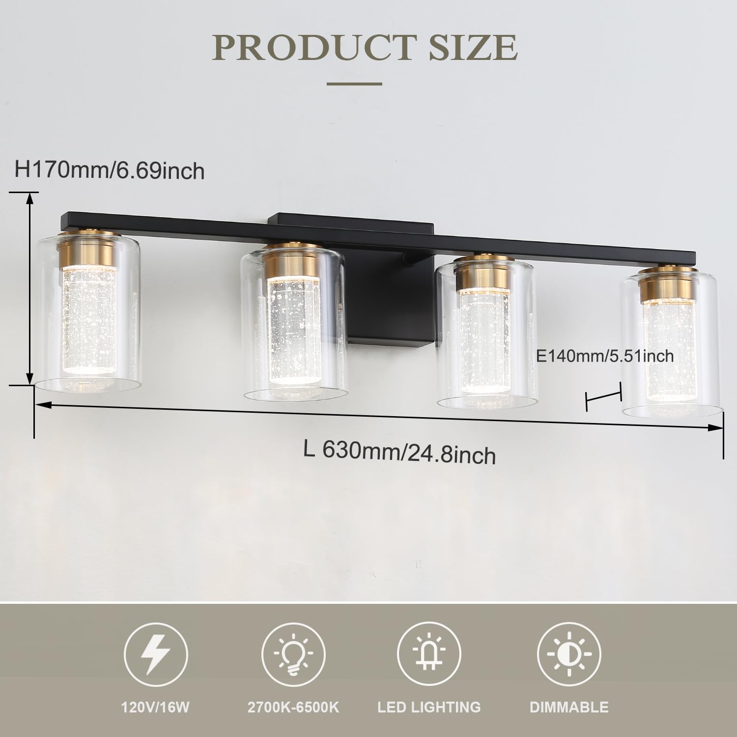 Emong 4-Light Black&Gold Bathroom Light Fixtures,Dimmable 5Cct Led Vanity Lights With Clear Glass,2700K-6500K Adjustable Crystal Bubble Black Bathroom Vanity Light Over Mirror For Hallway