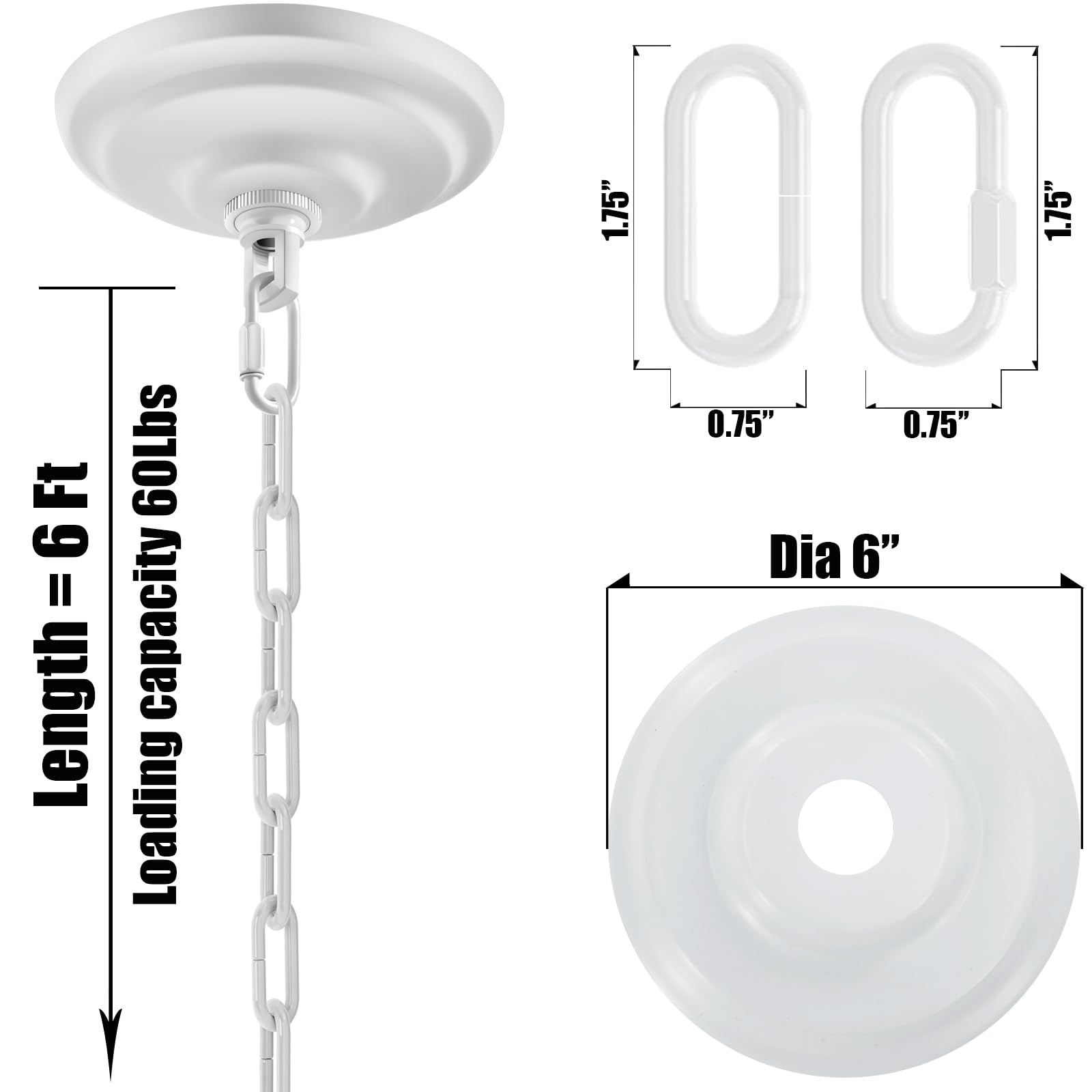 MAYOMAJO 6 Inch Light Canopy Kit with 6 Ft Chain, Heavy Duty Alloy Steel, White, Model X-WT-6-HC