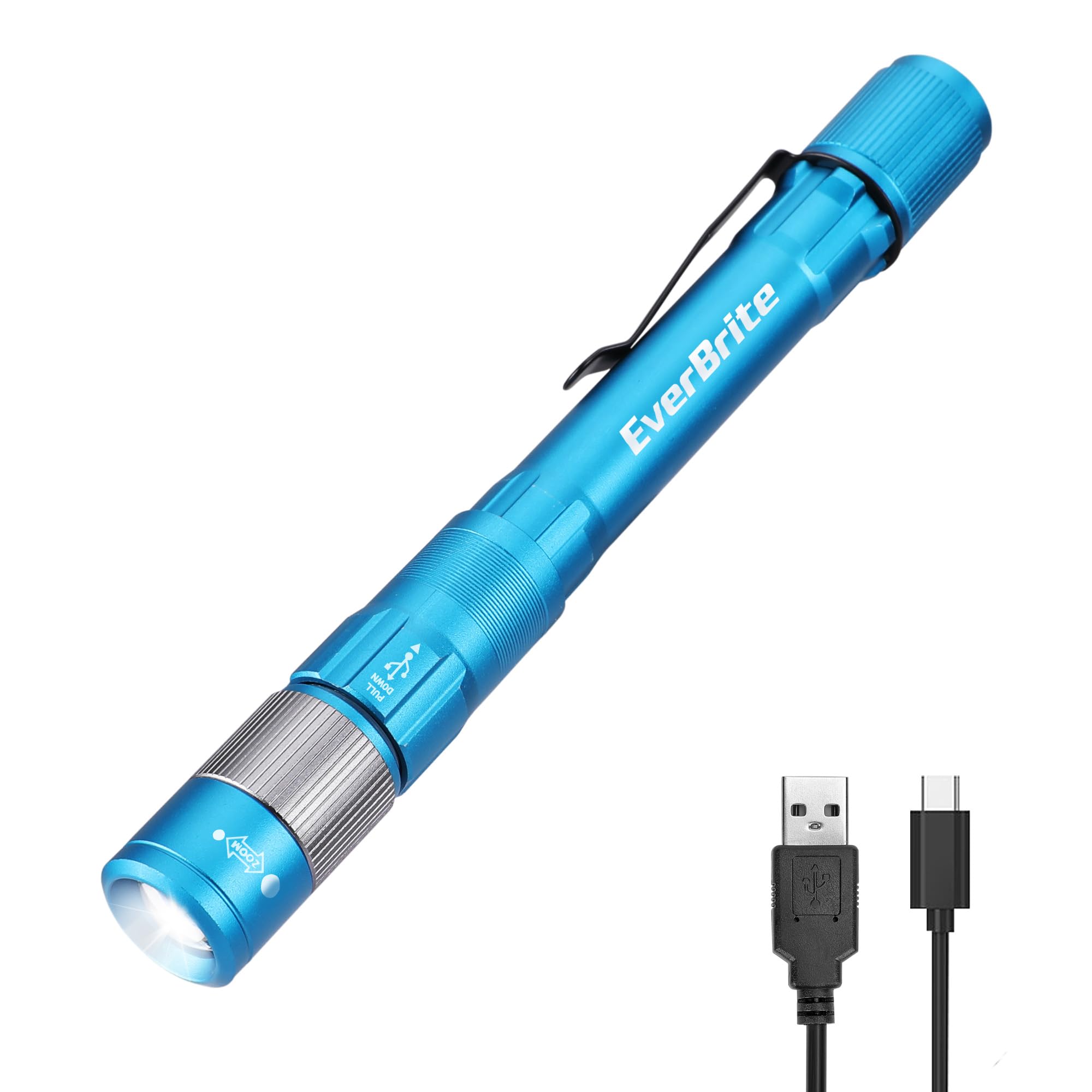 EverBrite Pen Light, Rechargeable Pen Flashlights, 300 Lumens Zoomable LED Small Flashlight with Clip, Memory Function, USB-C Ca