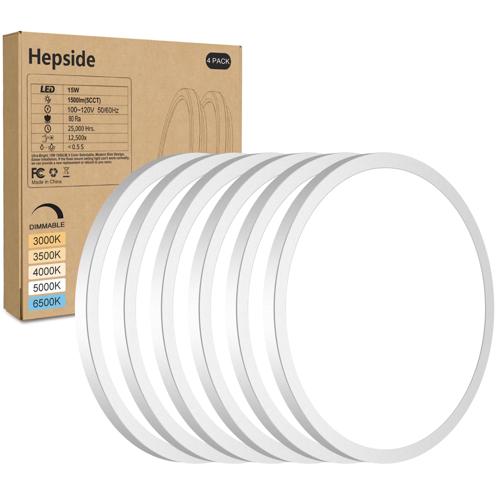hepside 6Pack 7Inch LED Flush Mount Ceiling Light  Super Slim 15W LED Ceiling Light  Dimmable&3000K/3500K/4000K/5000K/6500K Adjustable Flat Ceiling Light Fixture for Bedroom Living Room Kitchen-White